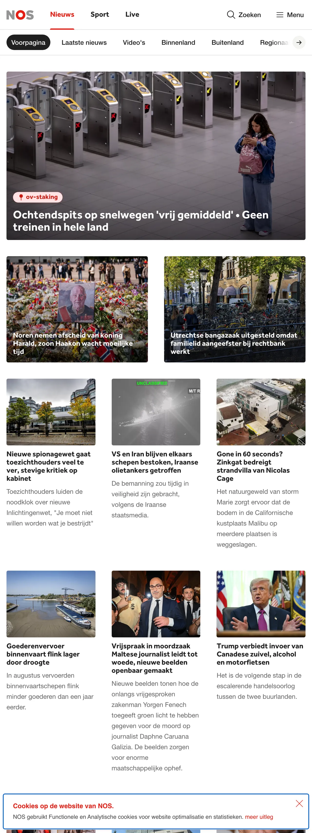 Screenshot of the NOS front page