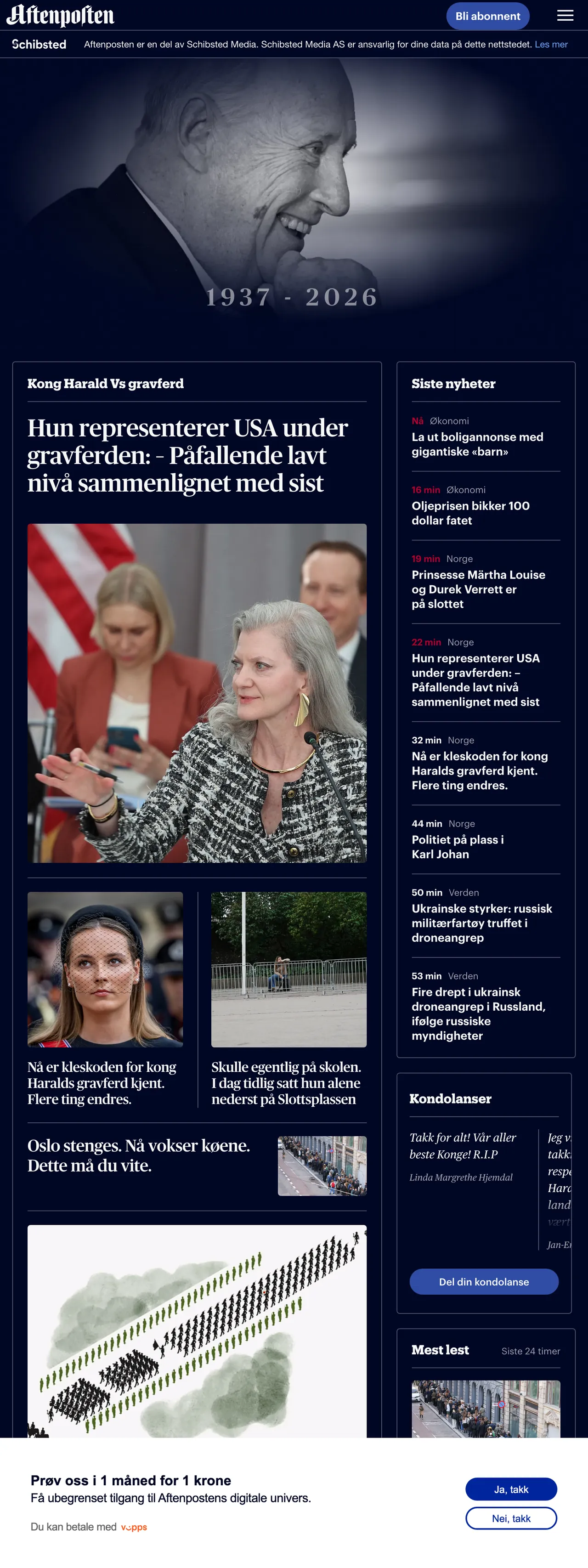 Screenshot of the Aftenposten front page