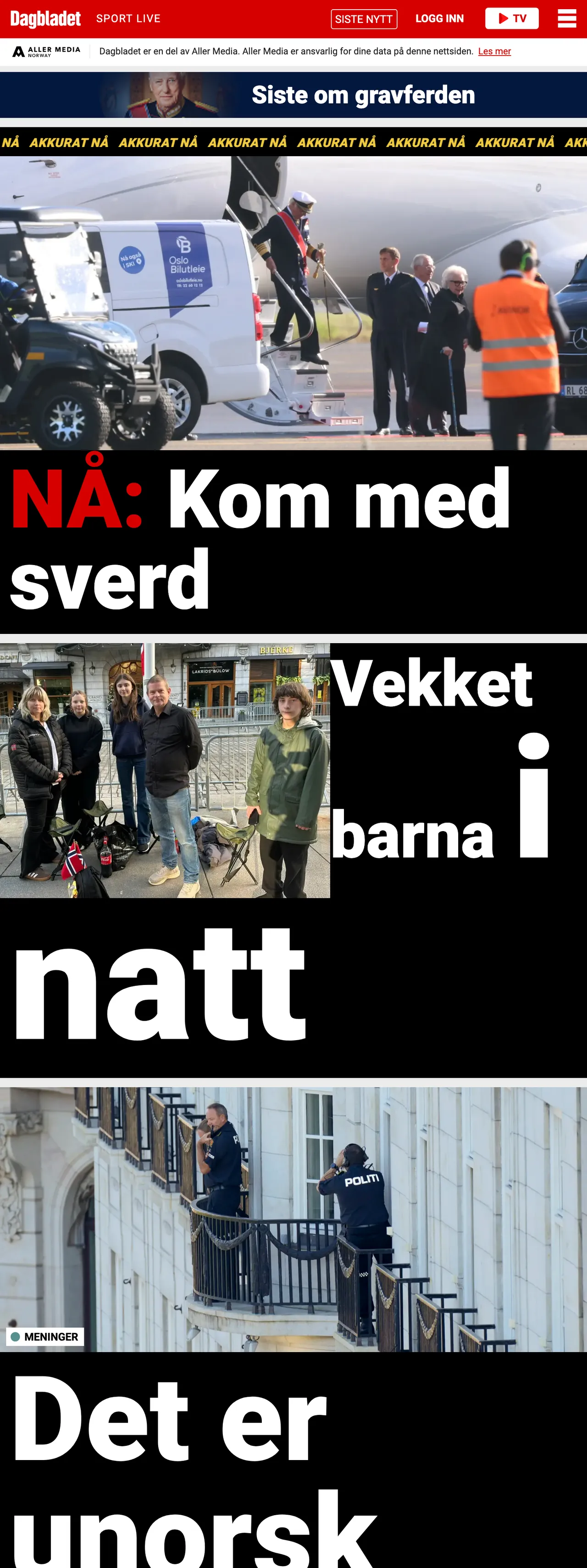 Screenshot of the Dagbladet front page