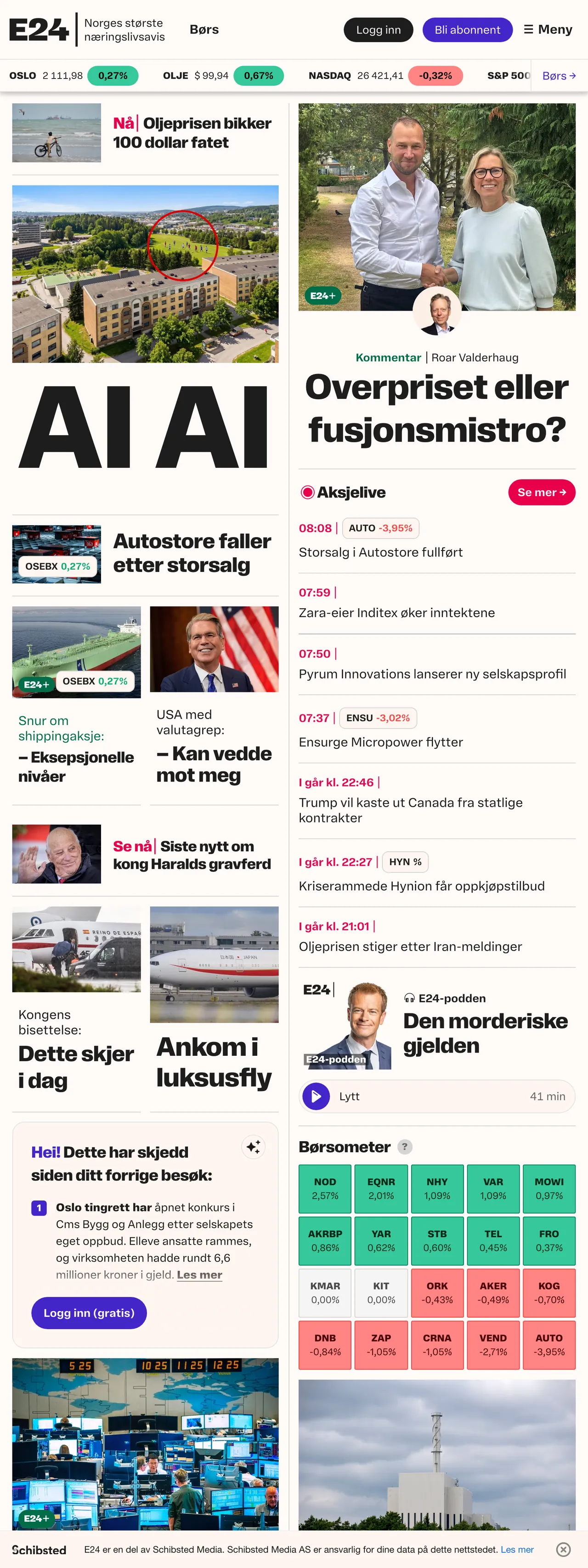Screenshot of the E24 front page