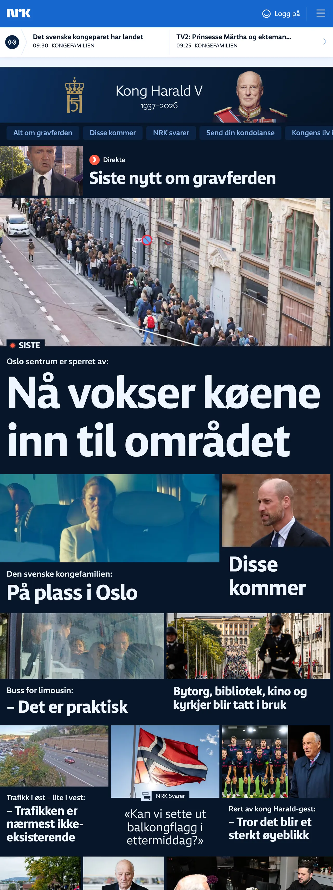 Screenshot of the NRK front page