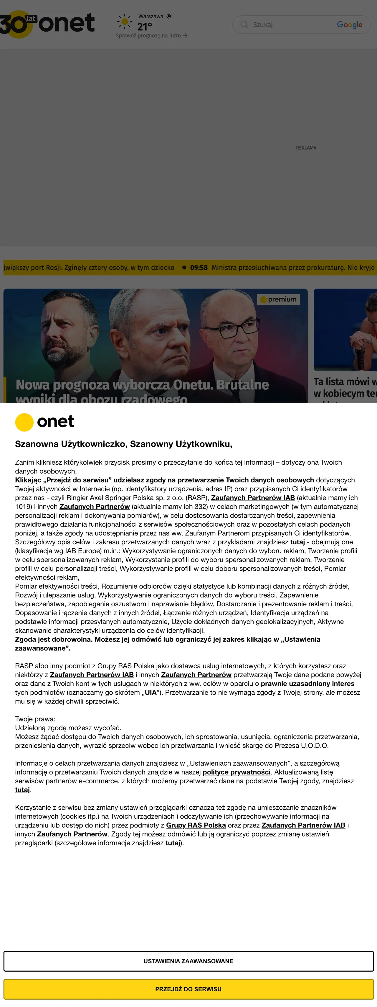 Screenshot of the Onet front page