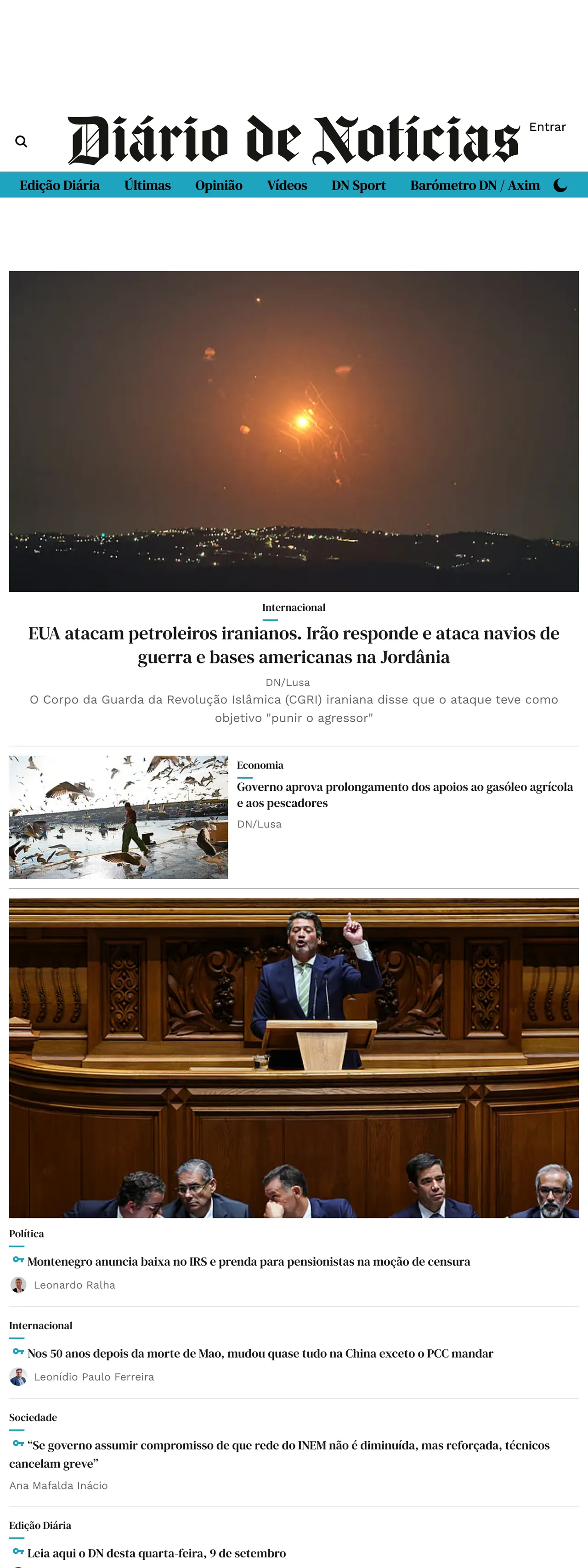 Screenshot of the Diário de Notícias front page