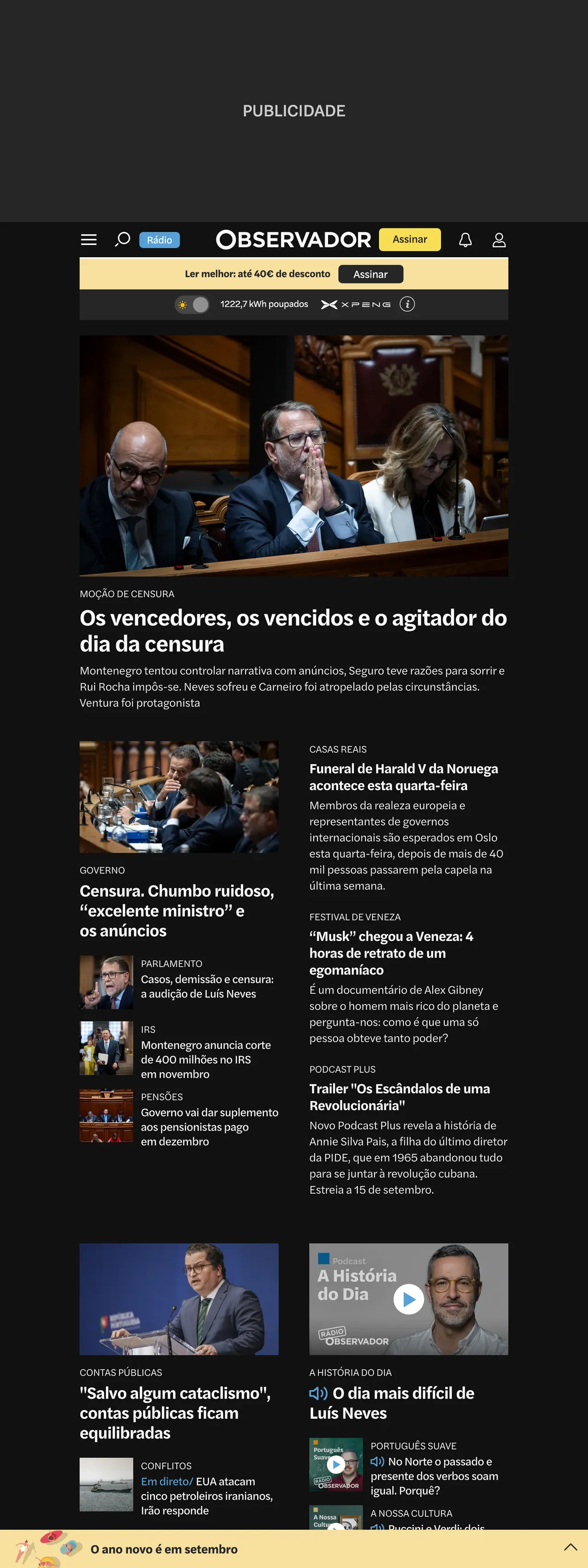 Screenshot of the Observador front page
