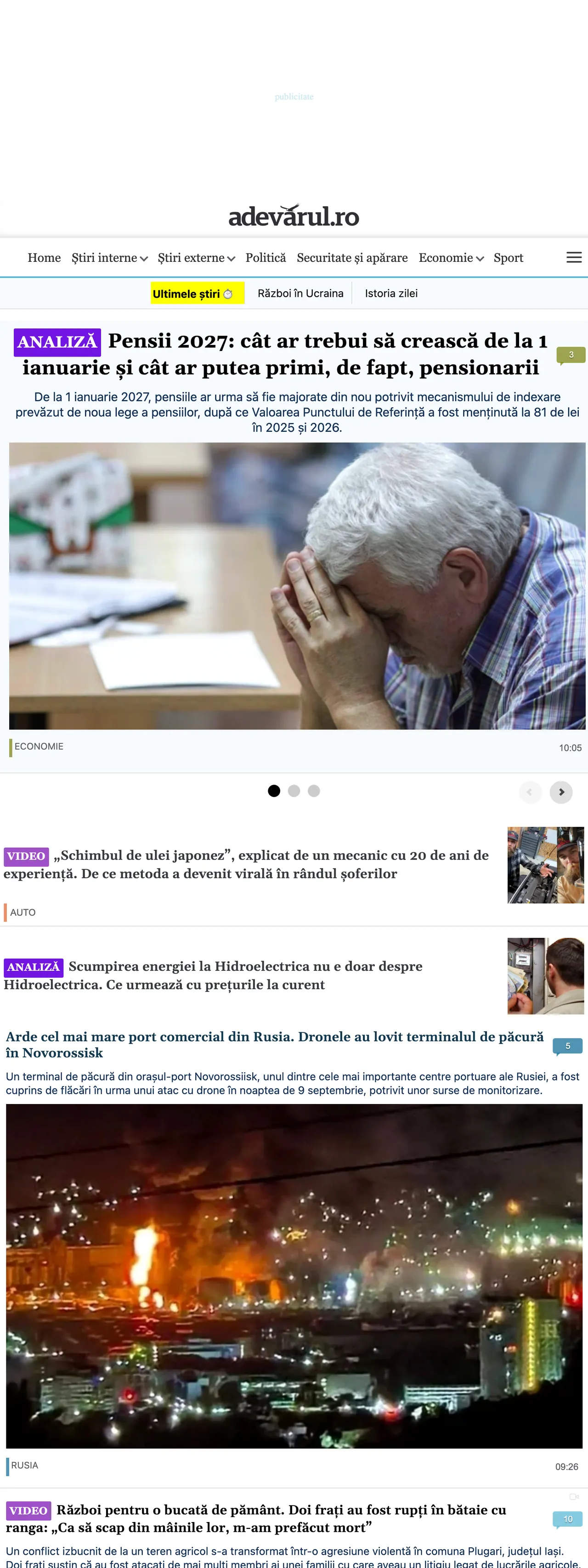 Screenshot of the Adevărul front page