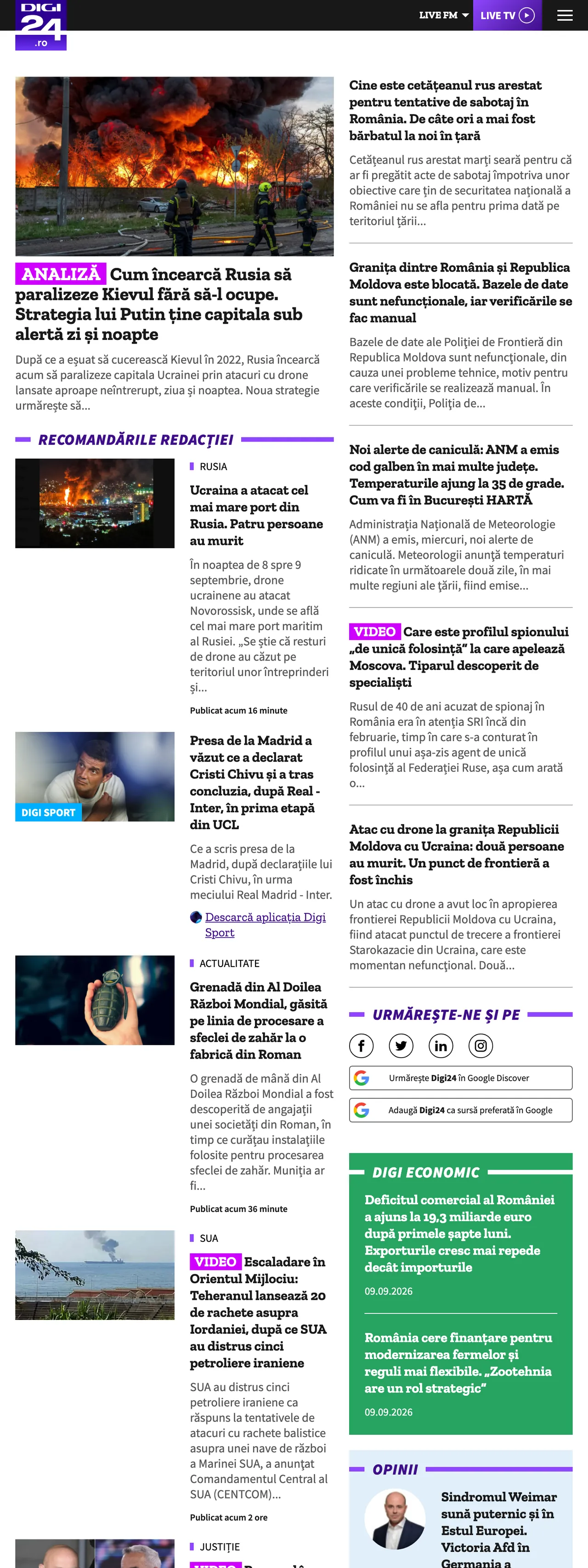 Screenshot of the Digi24 front page