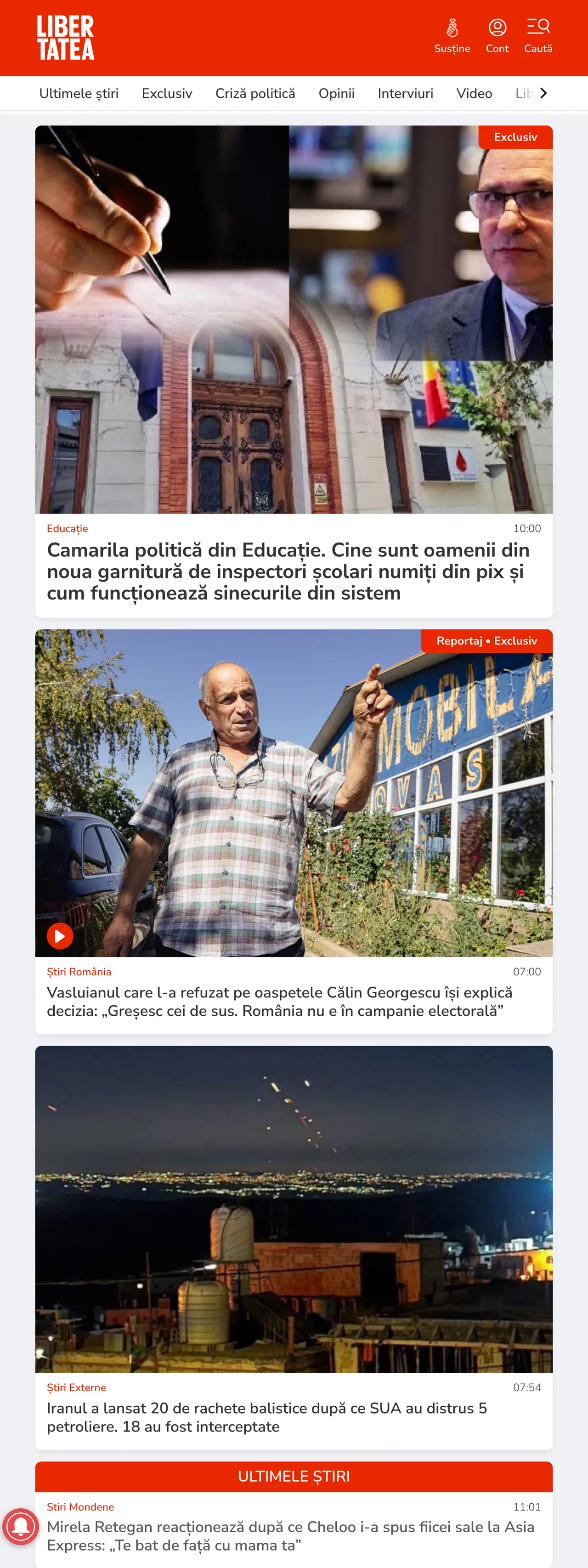 Screenshot of the Libertatea front page