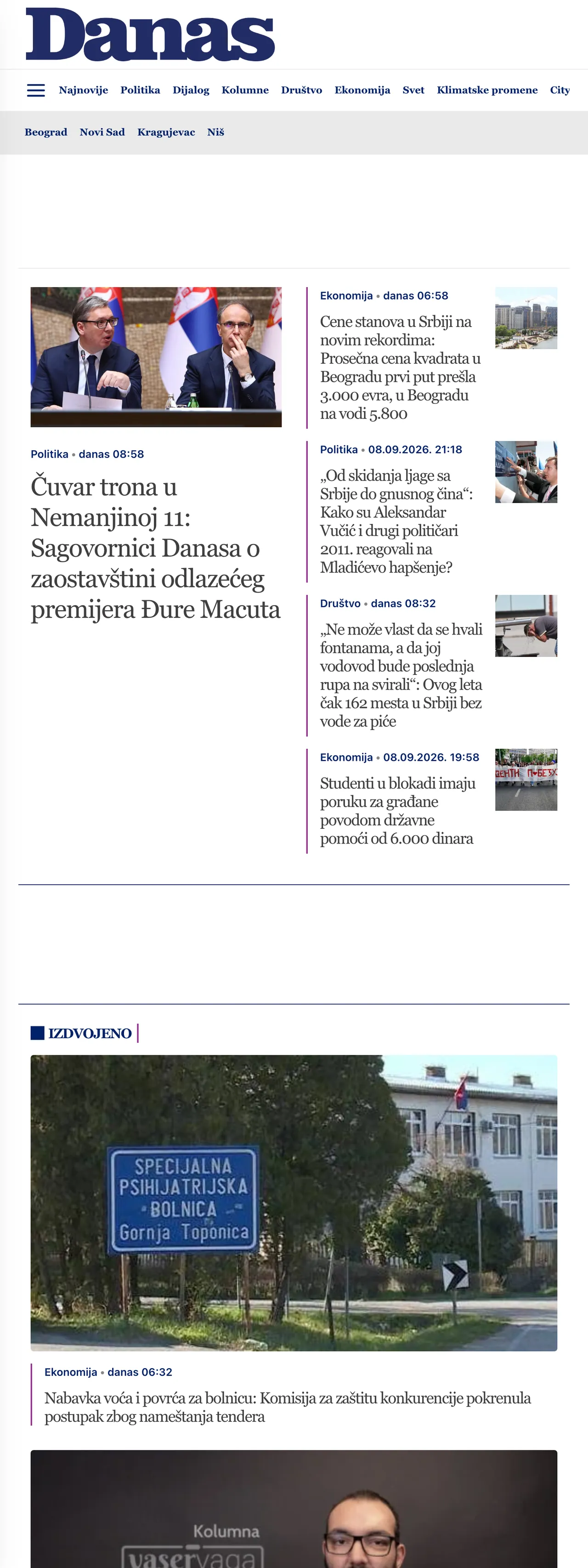 Screenshot of the Danas front page