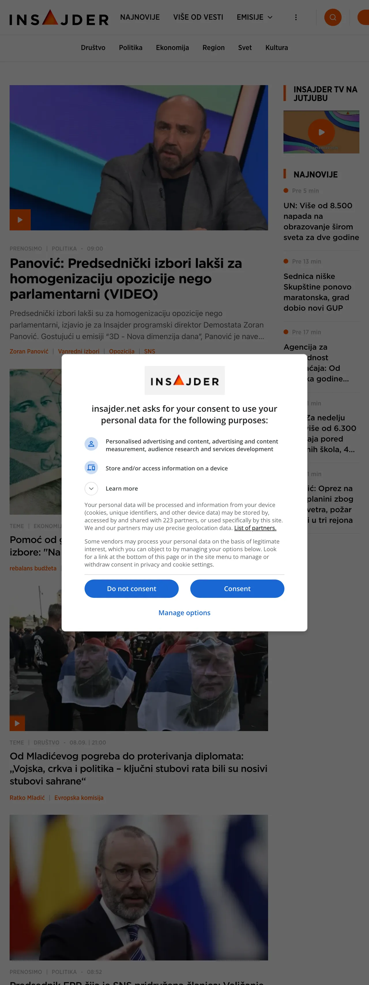 Screenshot of the Insajder front page