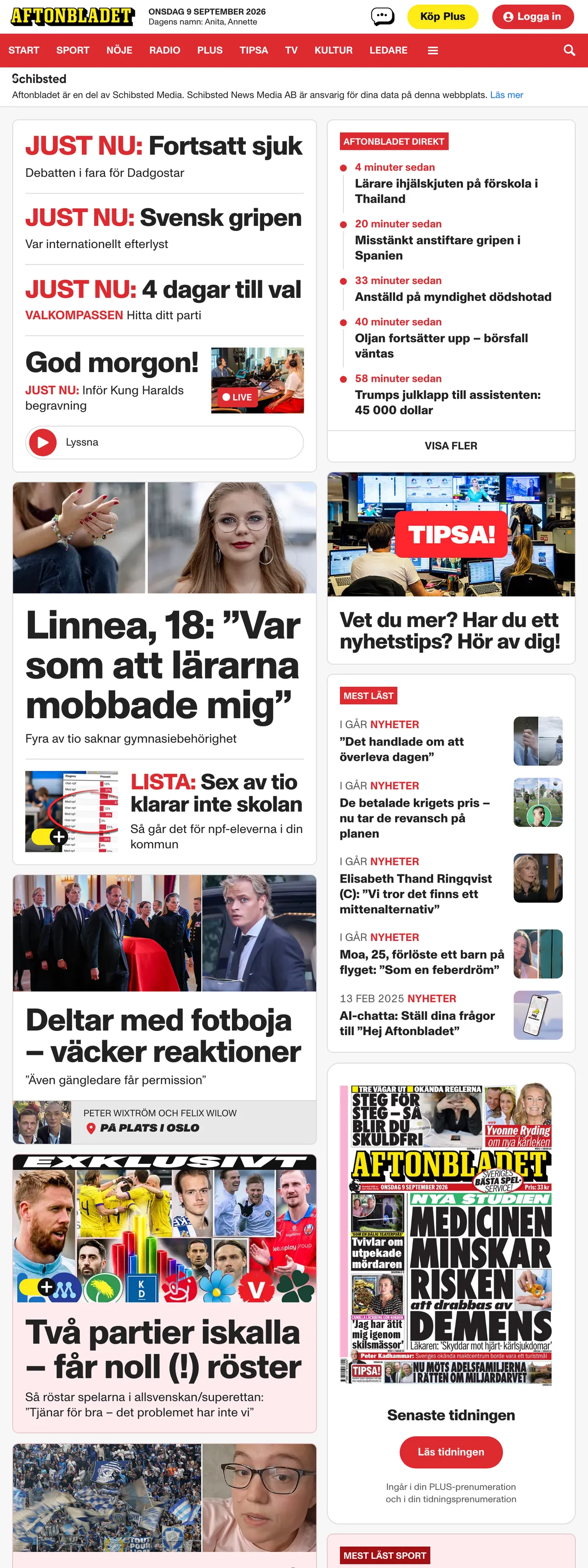 Screenshot of the Aftonbladet front page