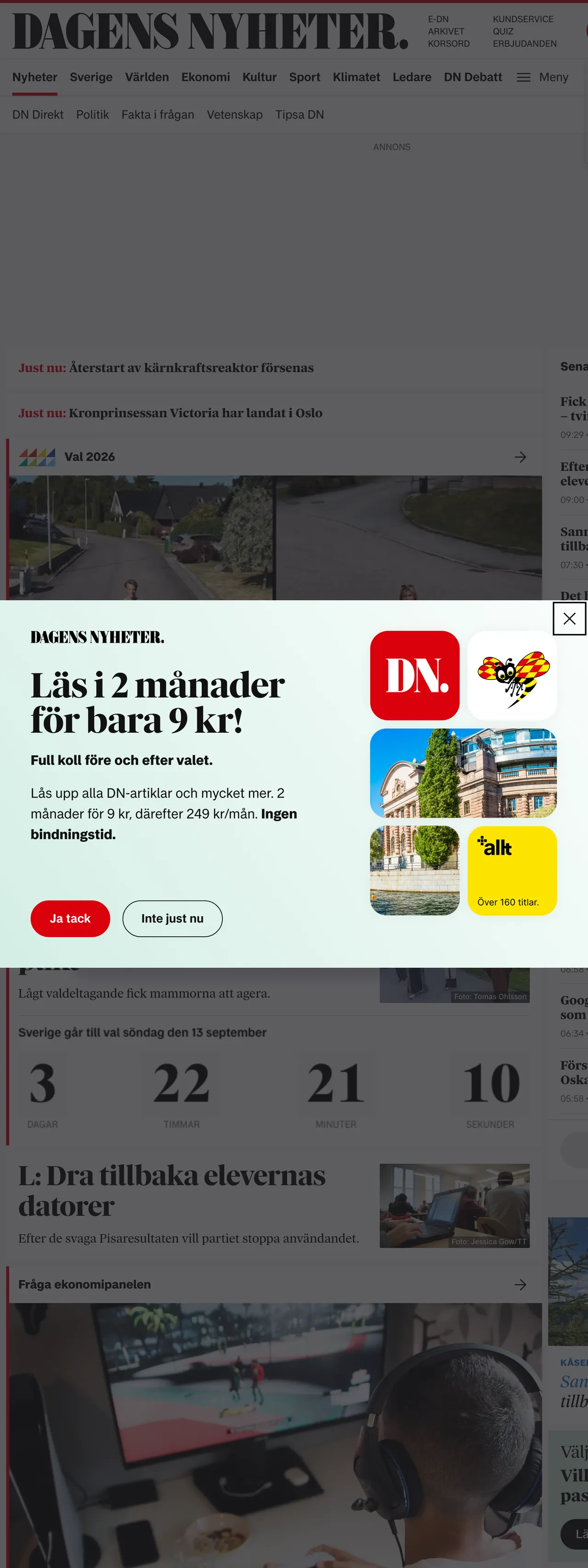 Screenshot of the Dagens Nyheter front page