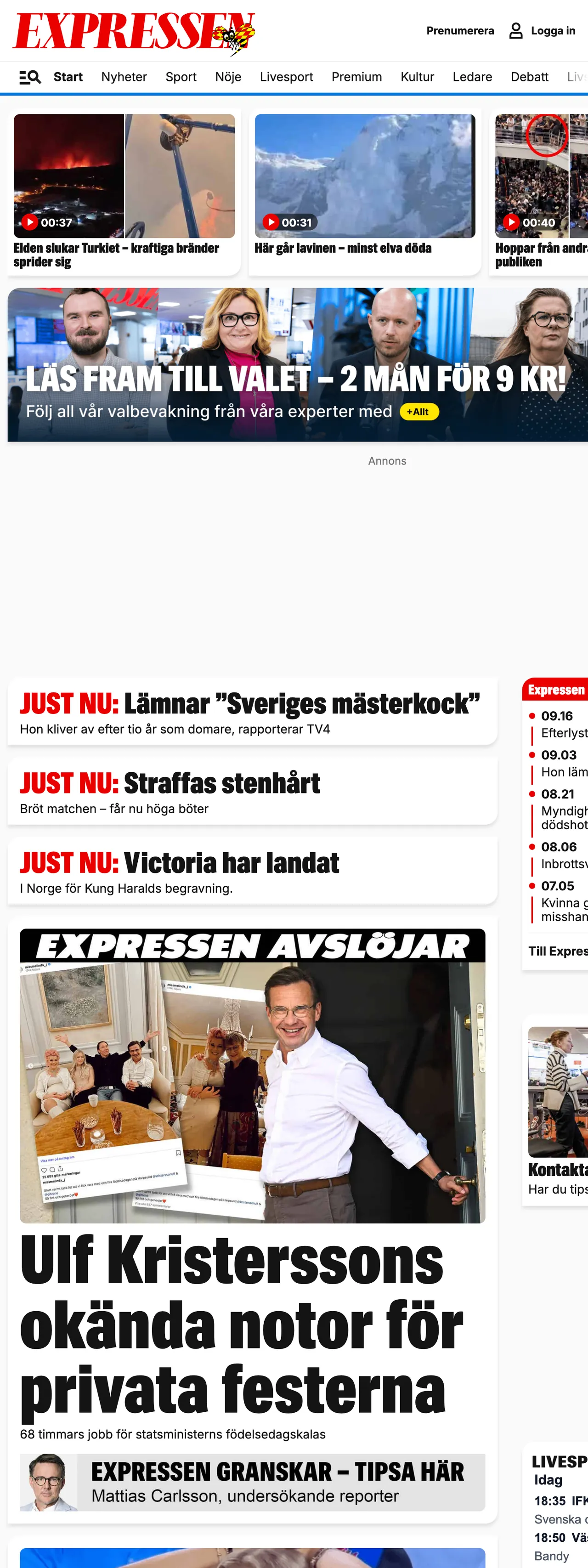 Screenshot of the Expressen front page