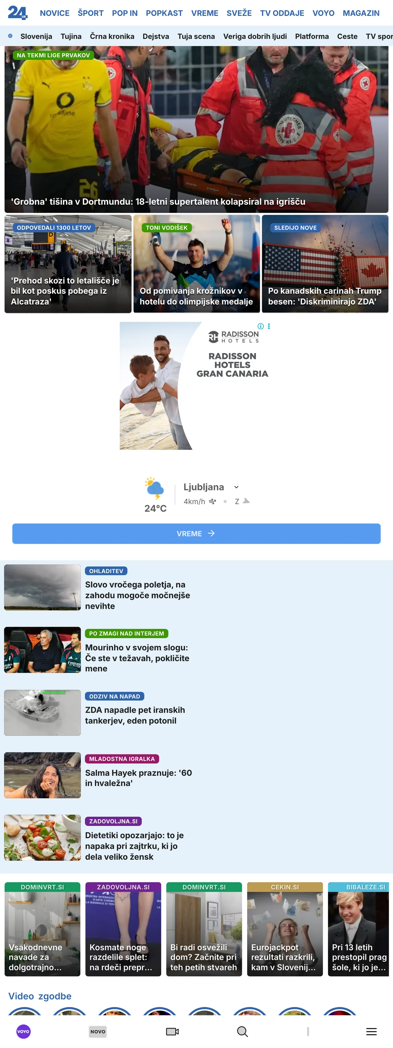 Screenshot of the 24ur front page