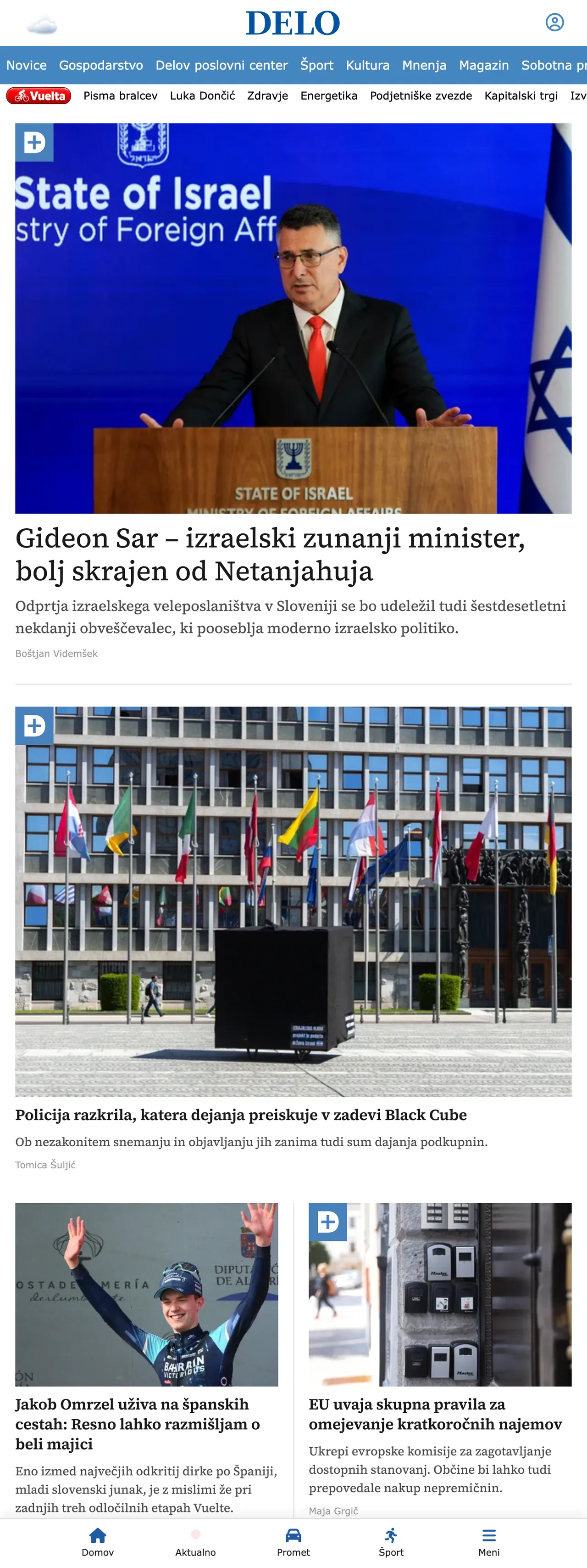Screenshot of the Delo front page