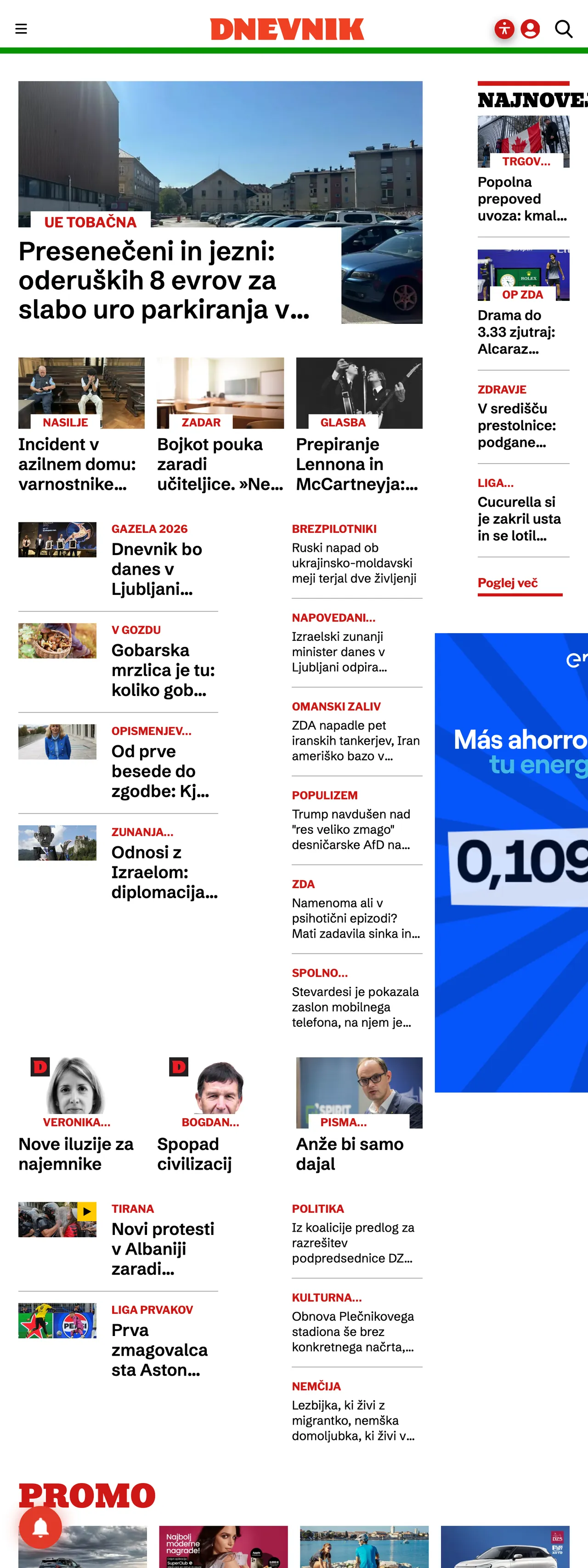 Screenshot of the Dnevnik front page