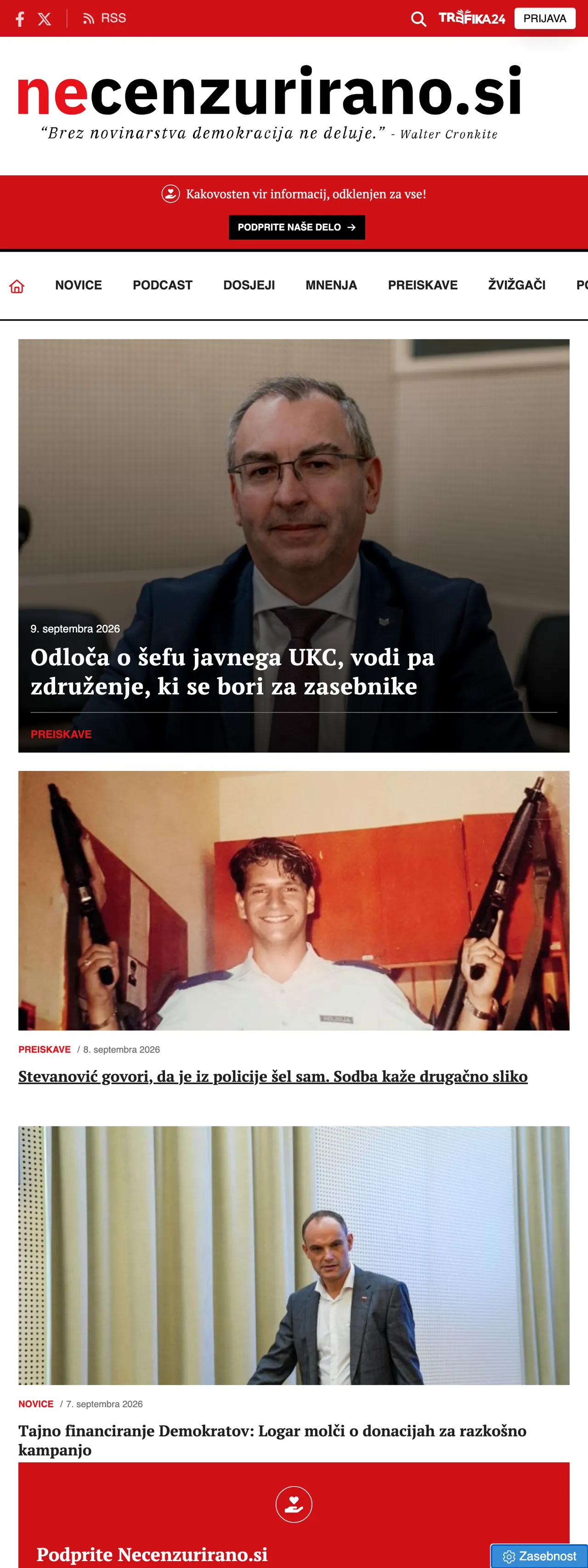 Screenshot of the Necenzurirano front page