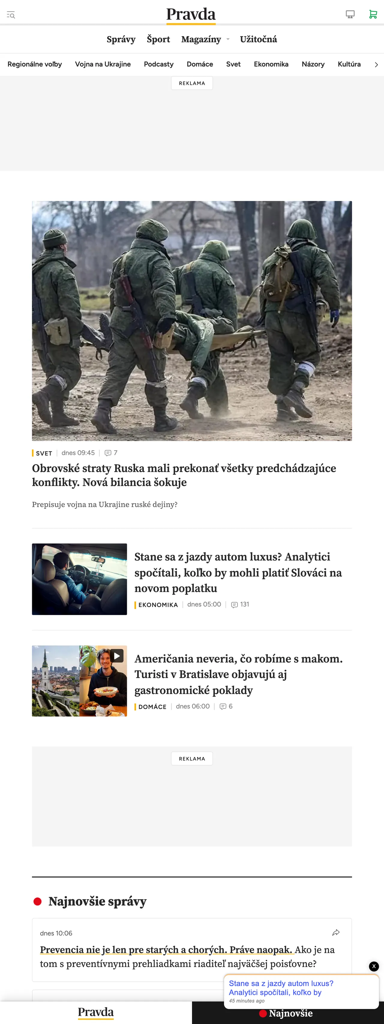 Screenshot of the Pravda front page