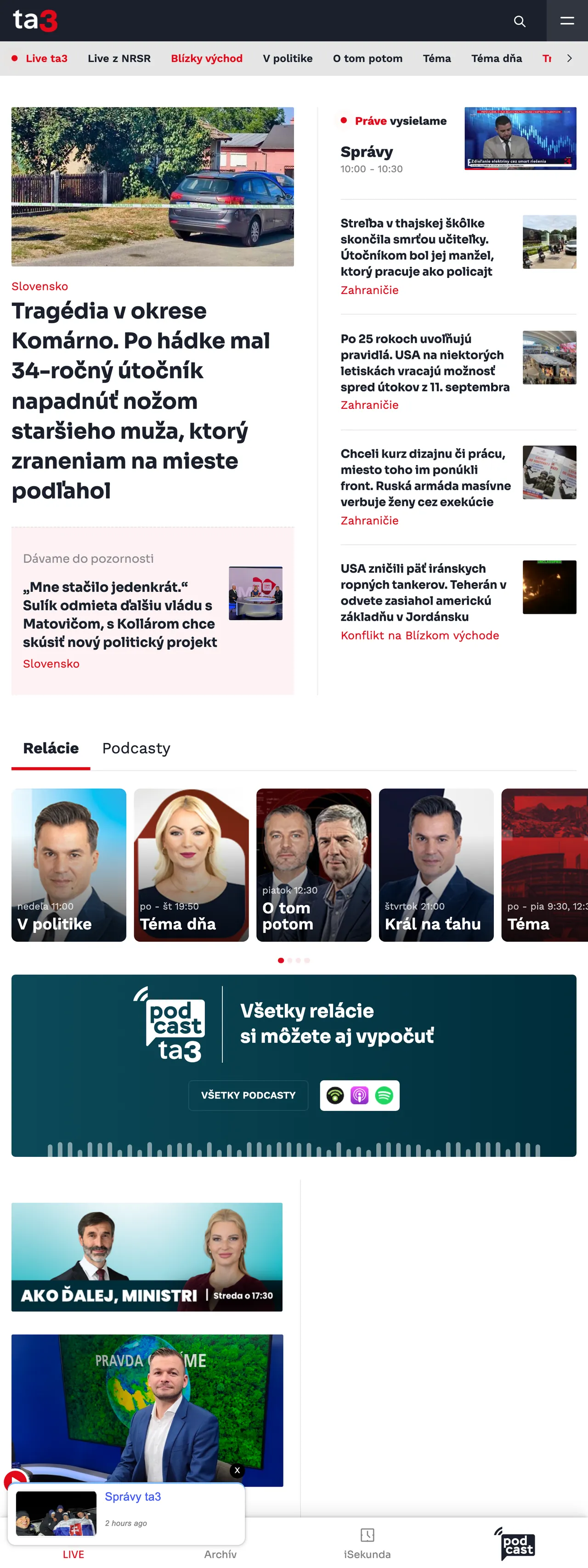 Screenshot of the TA3 front page
