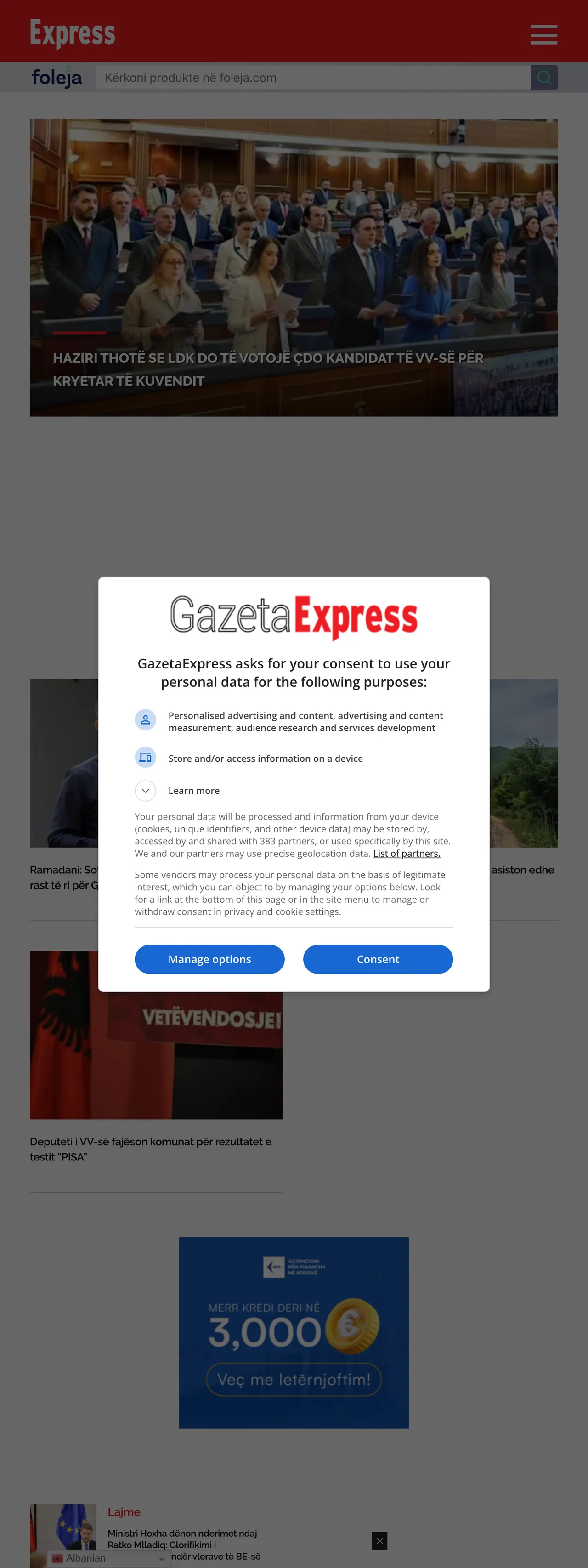 Screenshot of the Gazeta Express front page