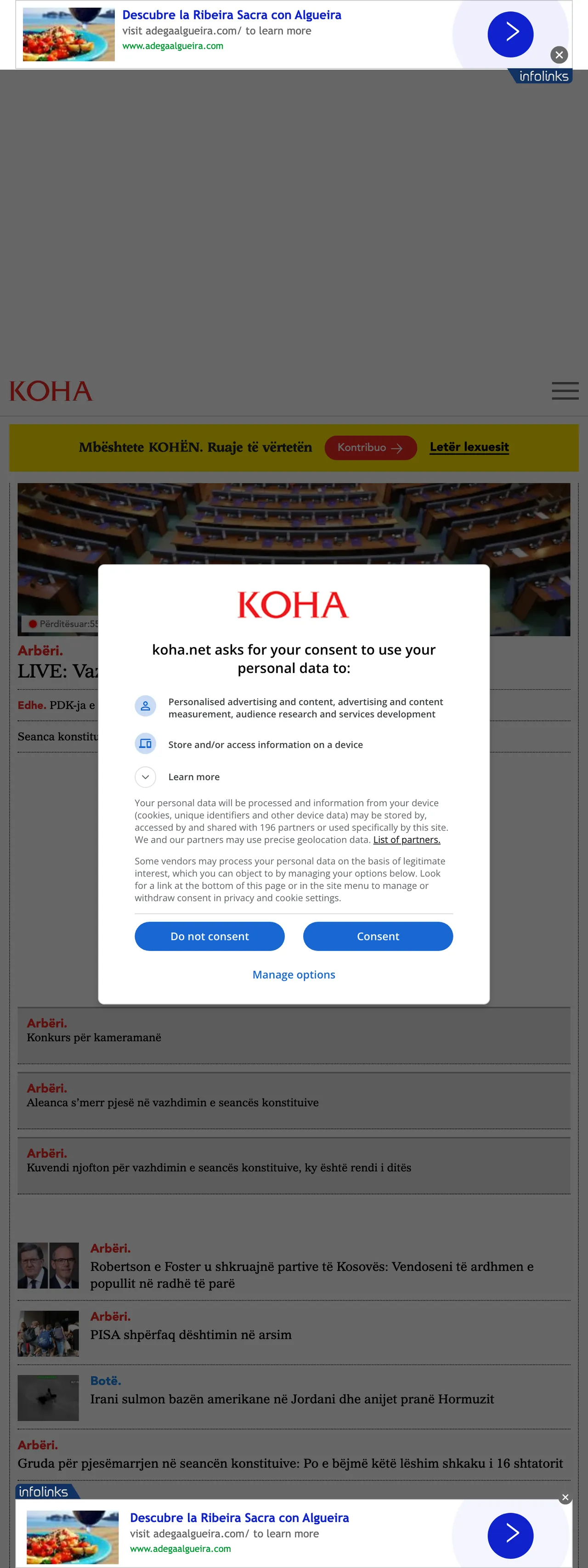 Screenshot of the Koha Ditore front page