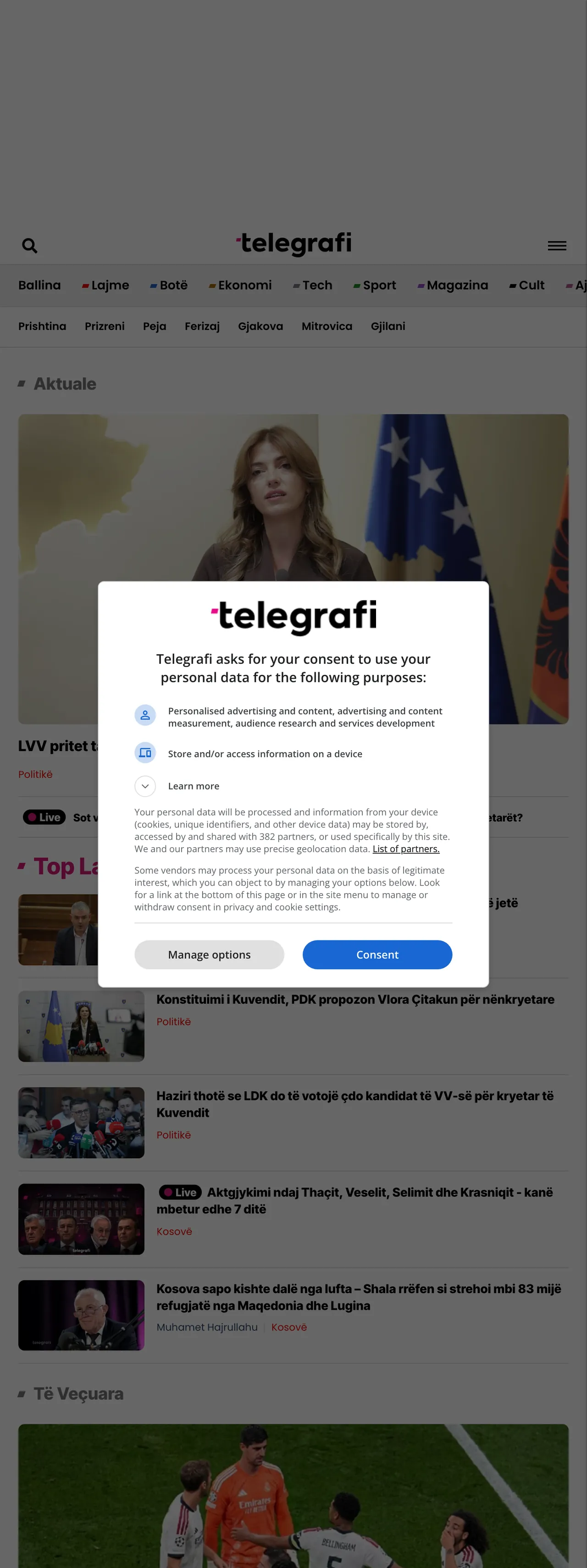 Screenshot of the Telegrafi front page