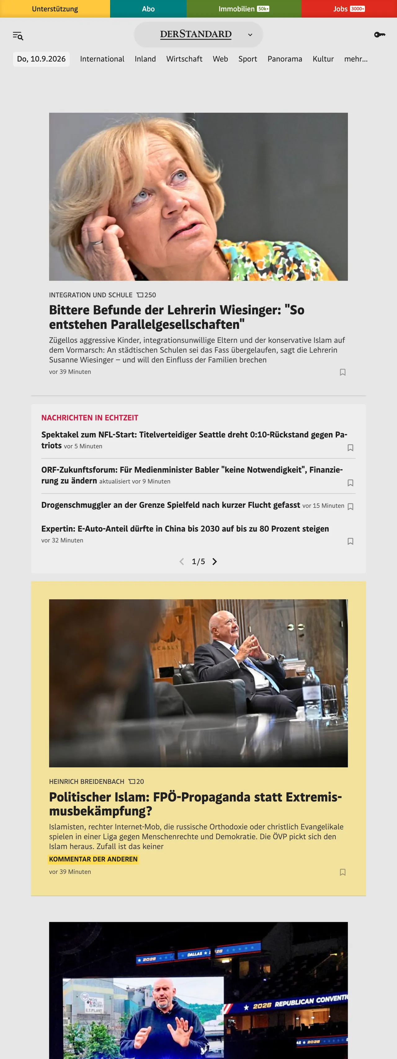 Screenshot of the DER STANDARD front page