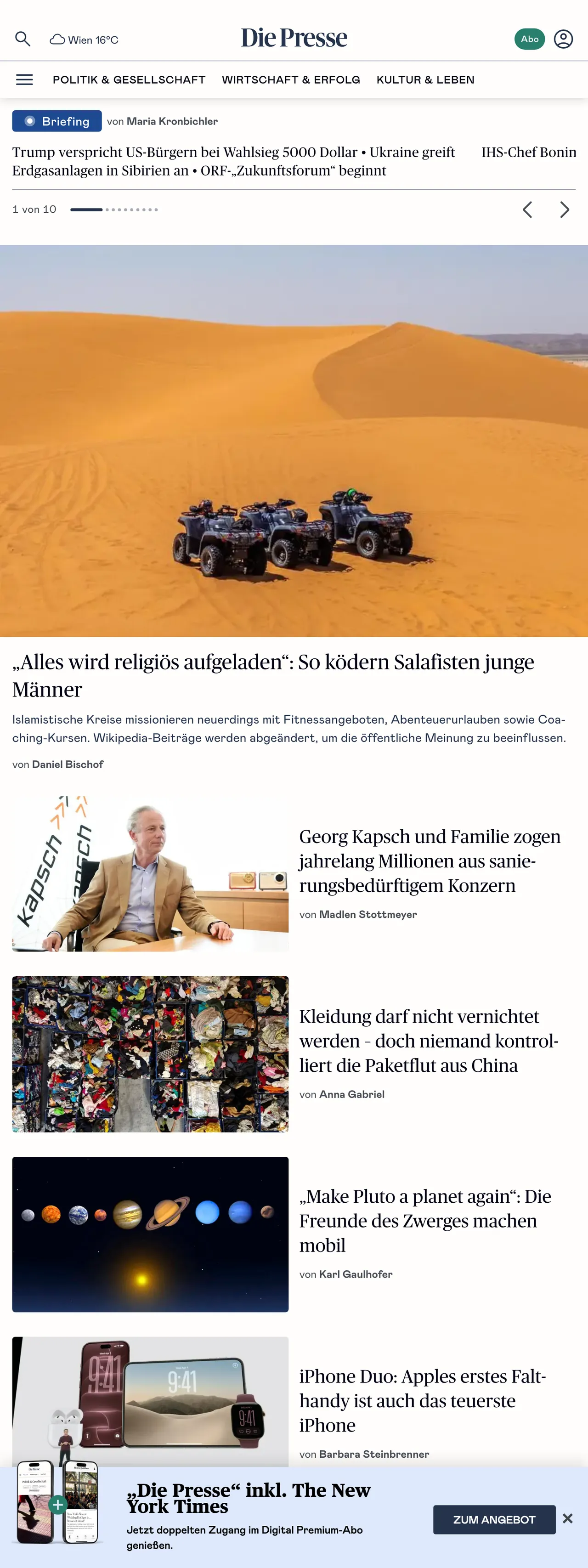 Screenshot of the Die Presse front page