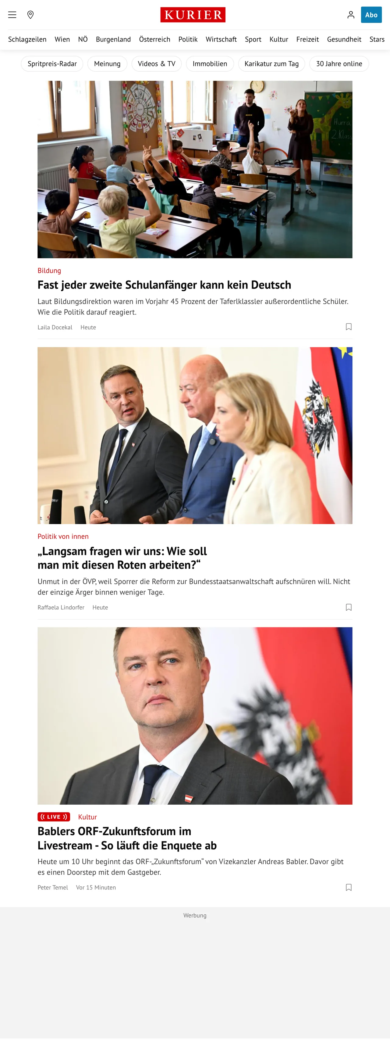 Screenshot of the Kurier front page