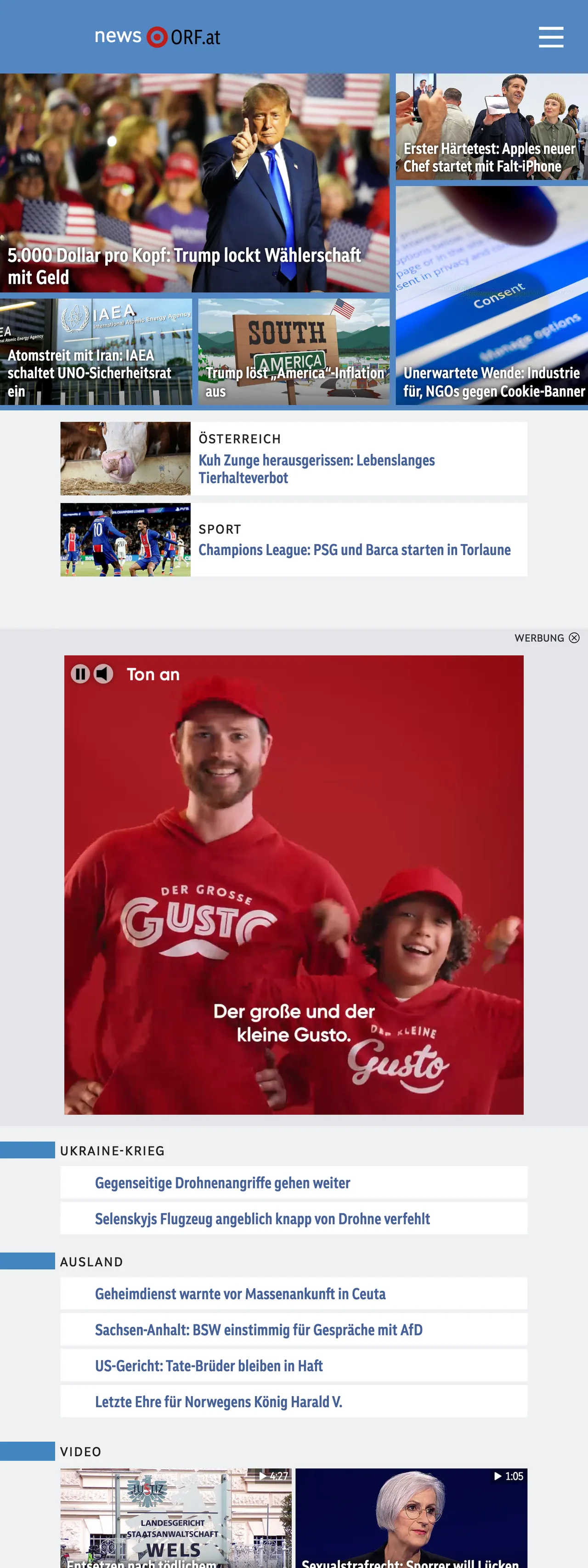 Screenshot of the ORF front page