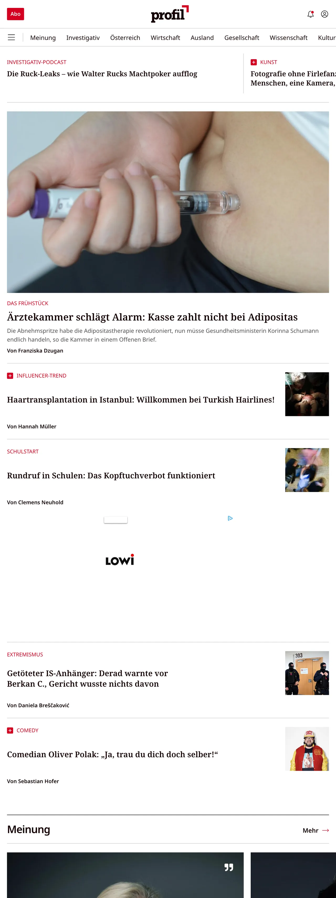 Screenshot of the profil front page