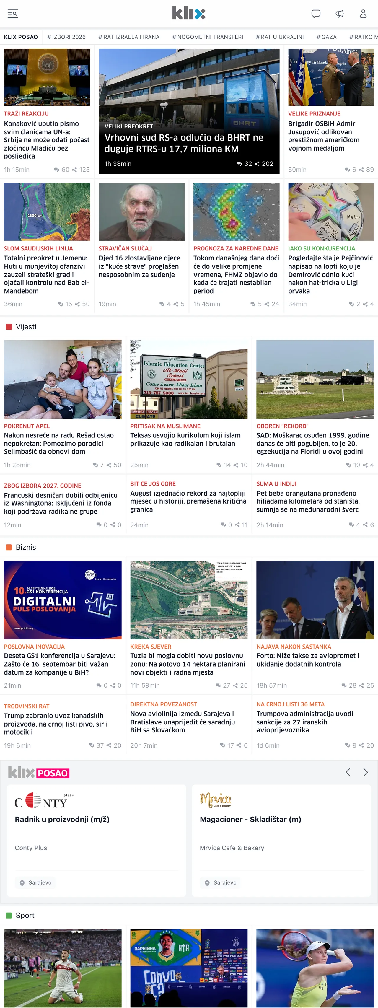 Screenshot of the Klix.ba front page