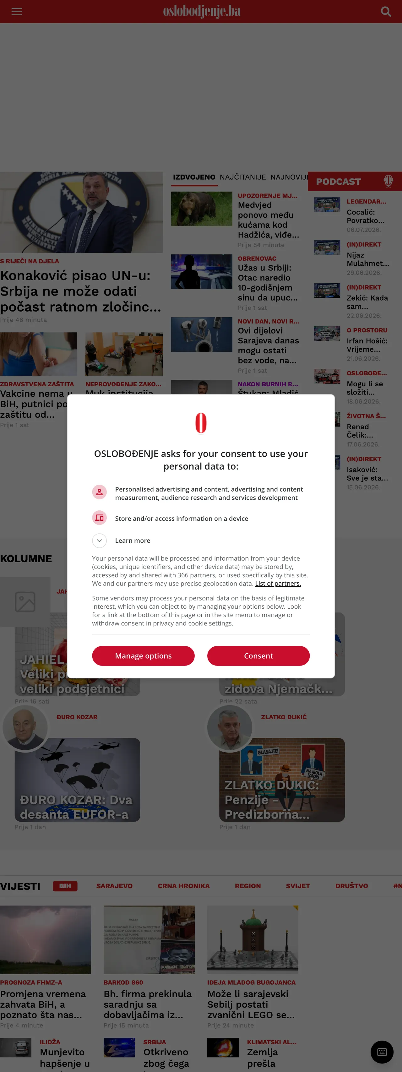 Screenshot of the Oslobođenje front page