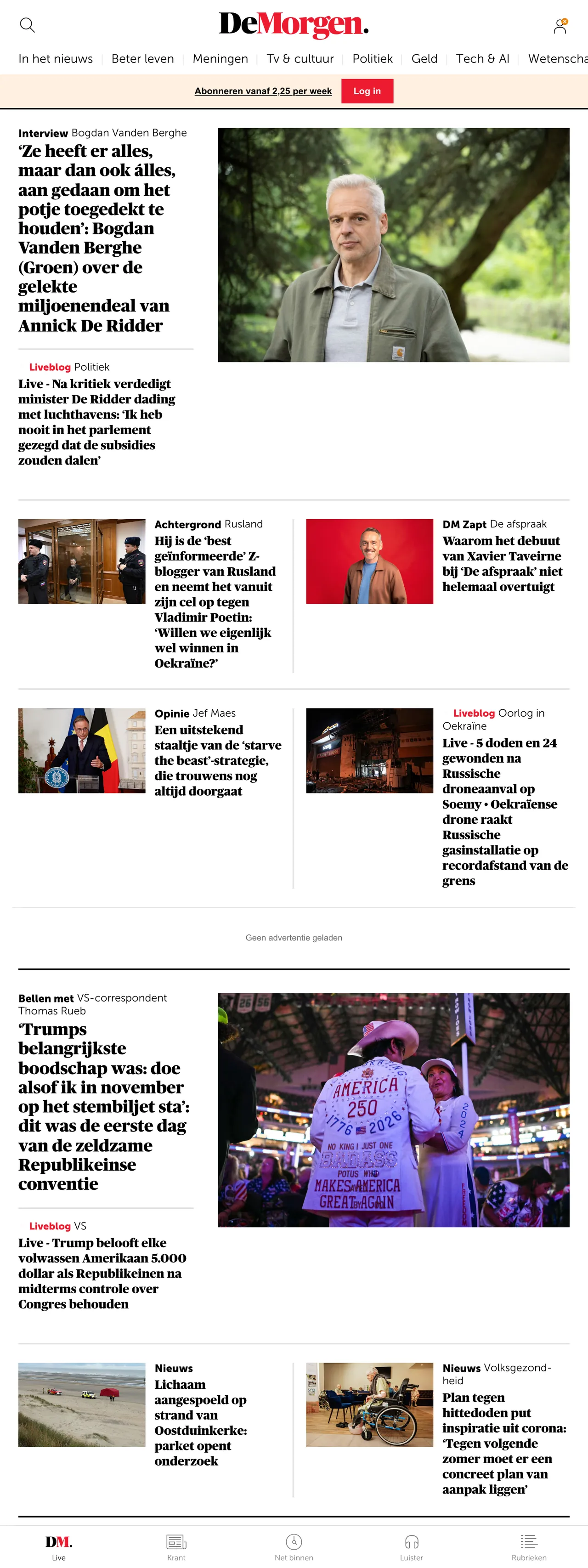 Screenshot of the De Morgen front page
