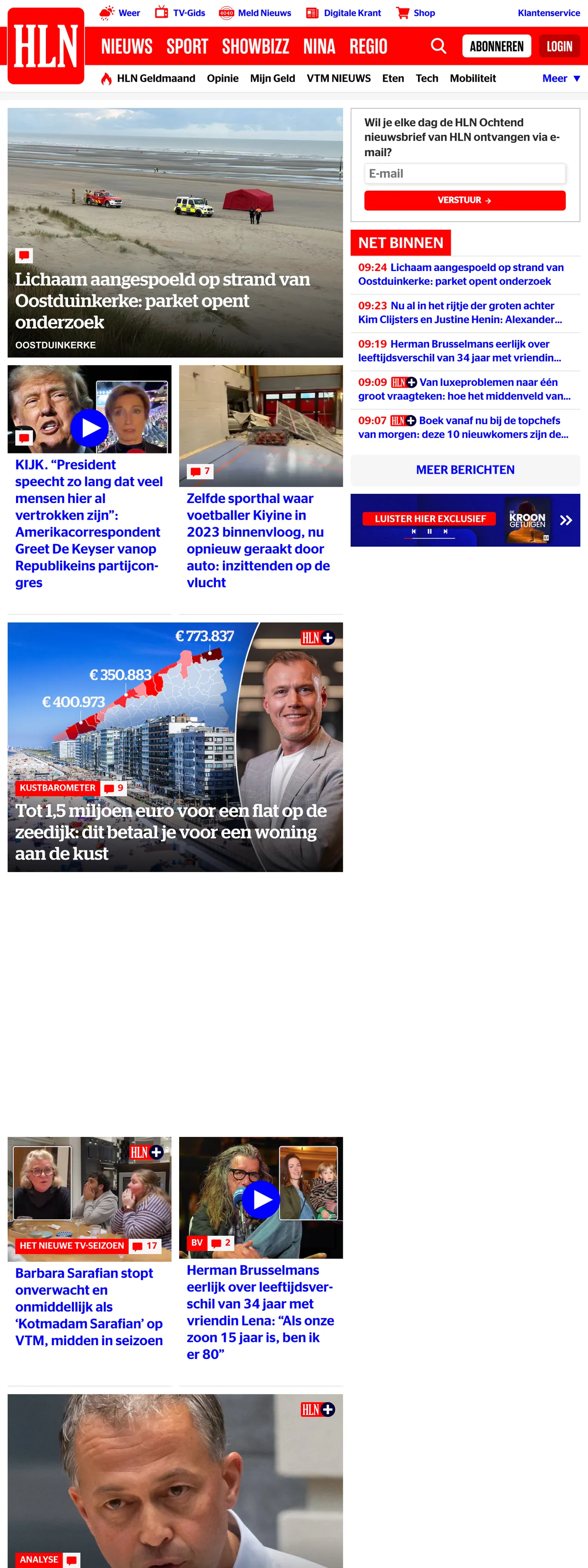Screenshot of the HLN front page
