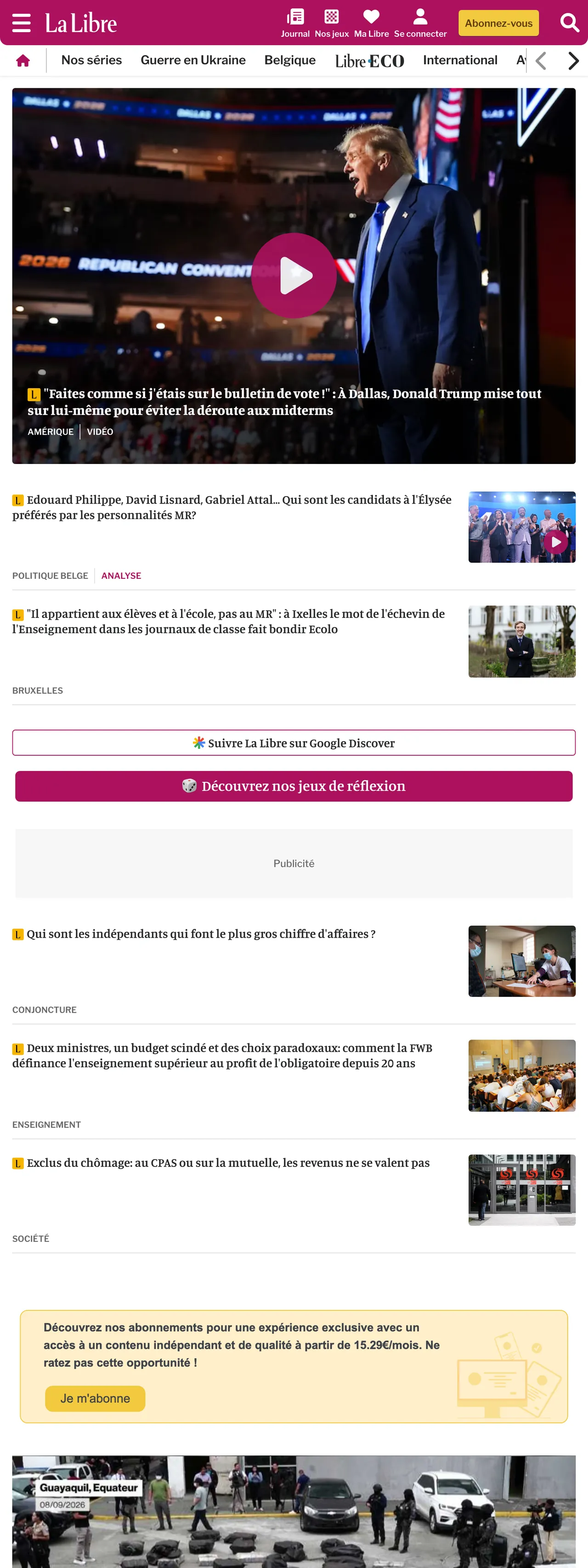 Screenshot of the La Libre front page