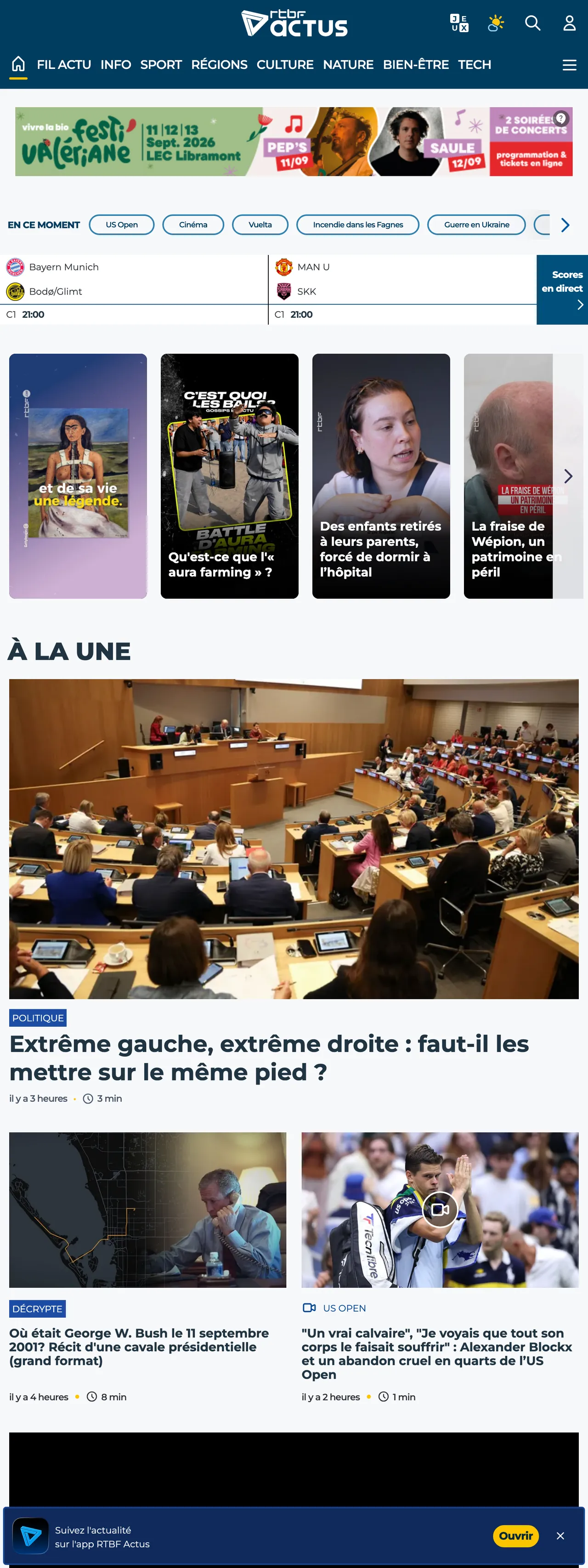 Screenshot of the RTBF front page
