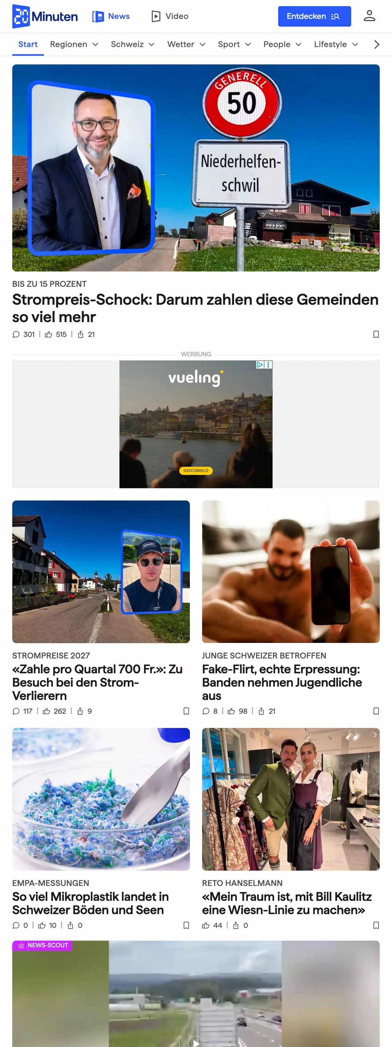 Screenshot of the 20 Minuten front page
