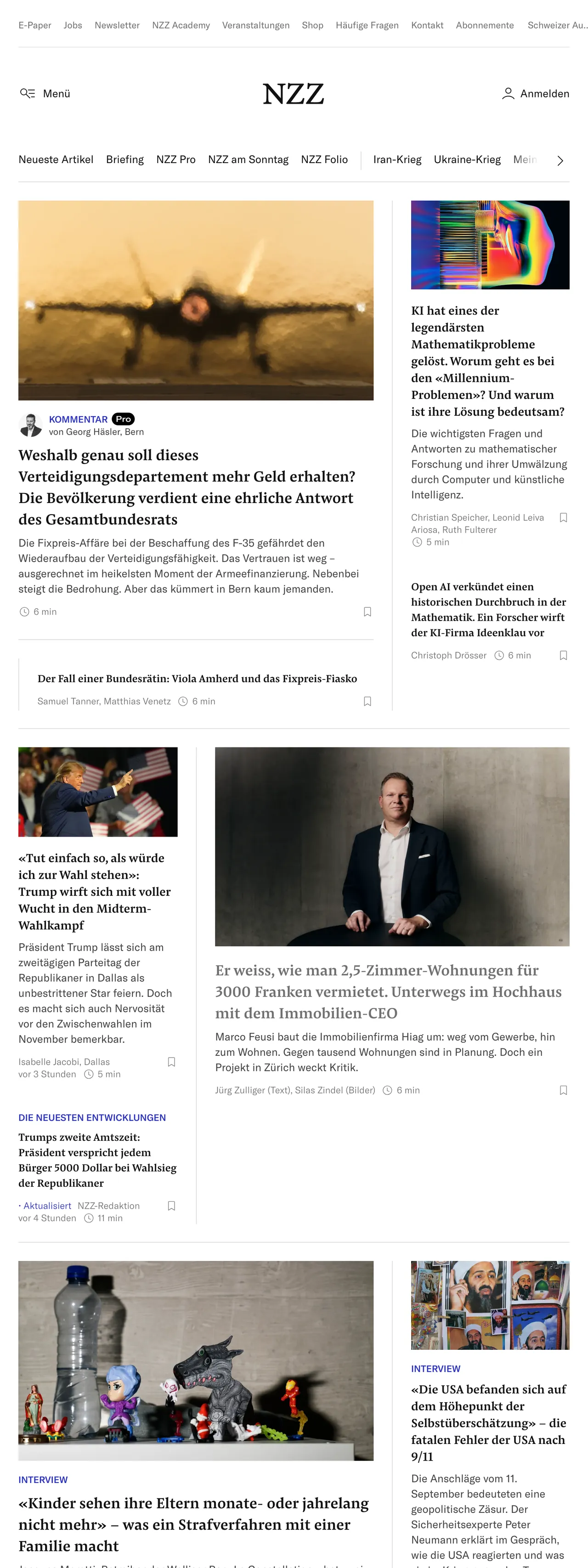 Screenshot of the Neue Zürcher Zeitung front page