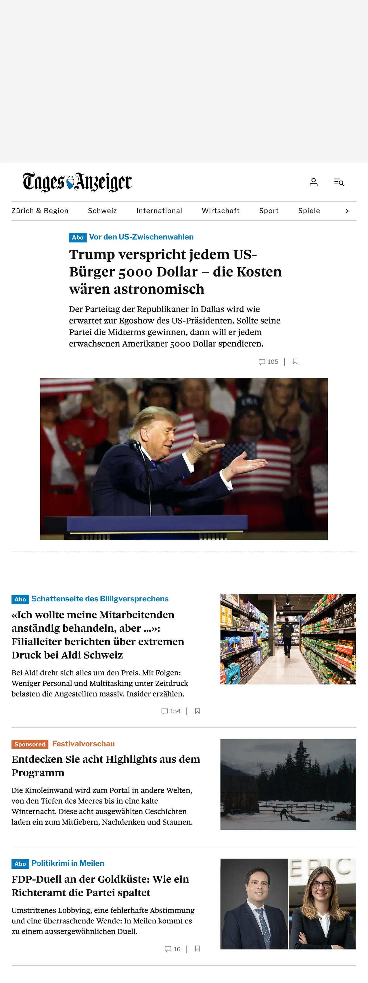 Screenshot of the Tages-Anzeiger front page