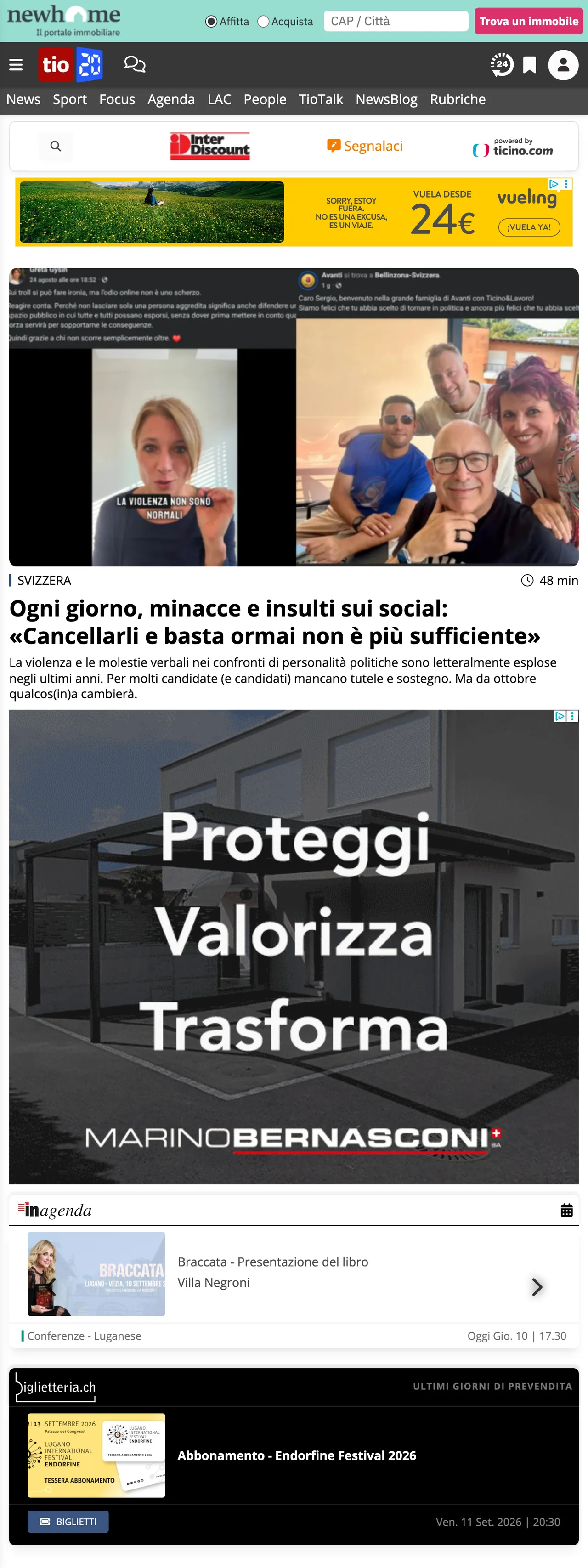 Screenshot of the Ticinonline front page