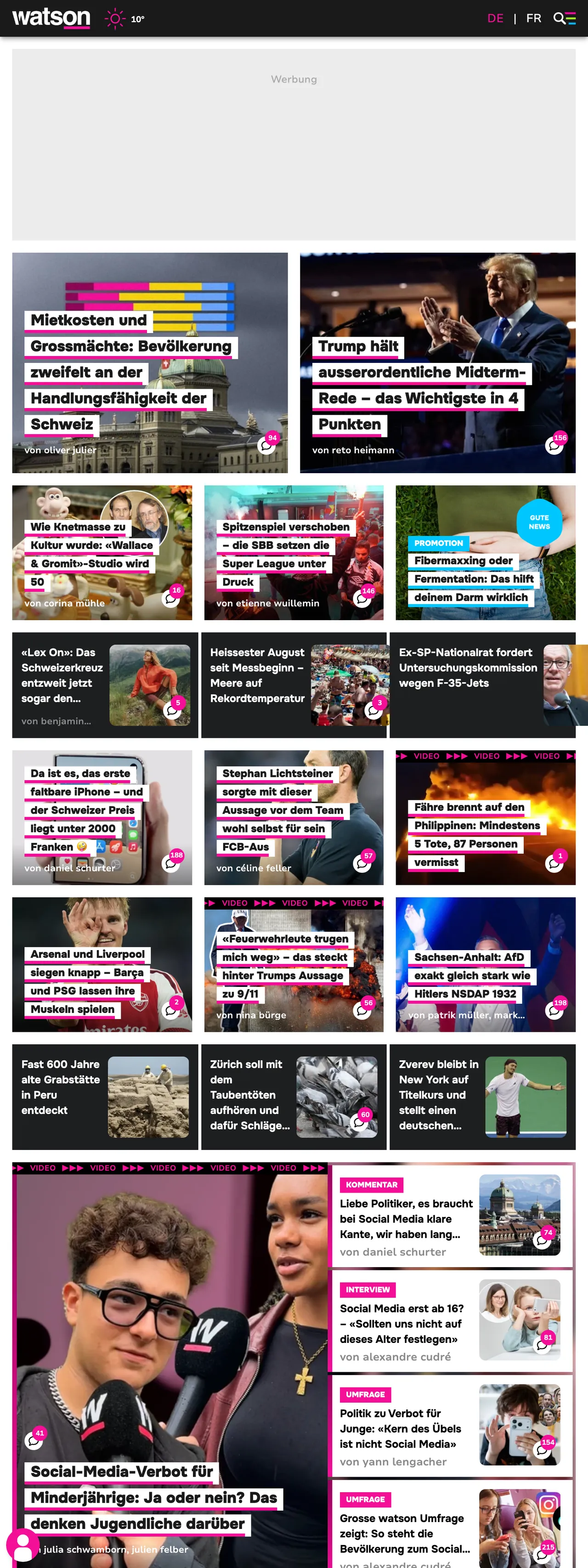 Screenshot of the watson front page