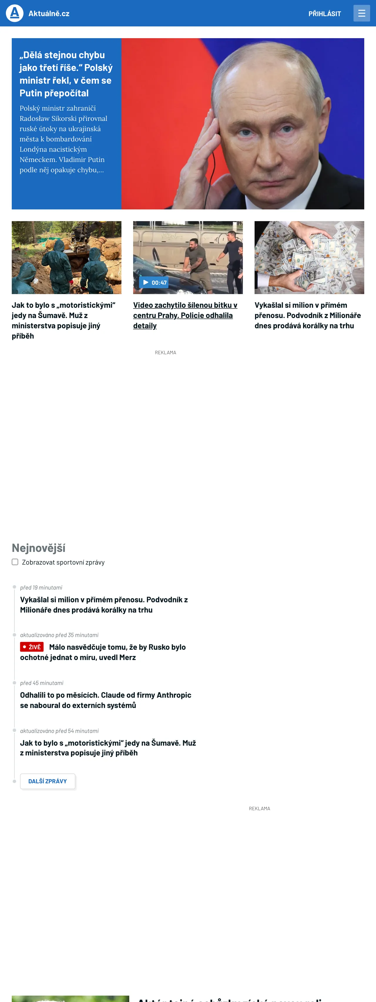 Screenshot of the Aktuálně.cz front page