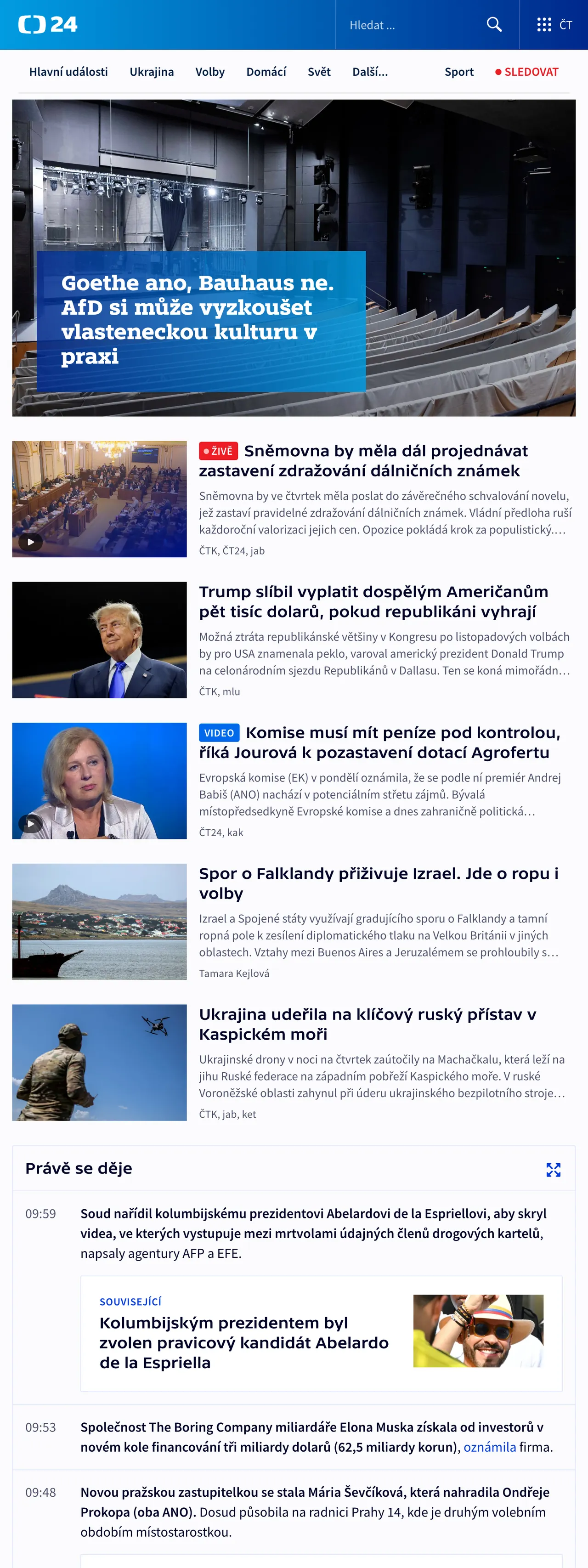 Screenshot of the ČT24 front page