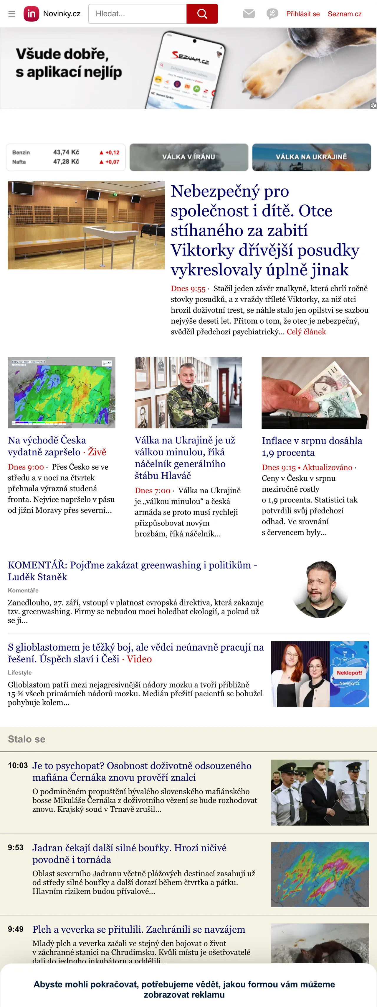 Screenshot of the Novinky.cz front page