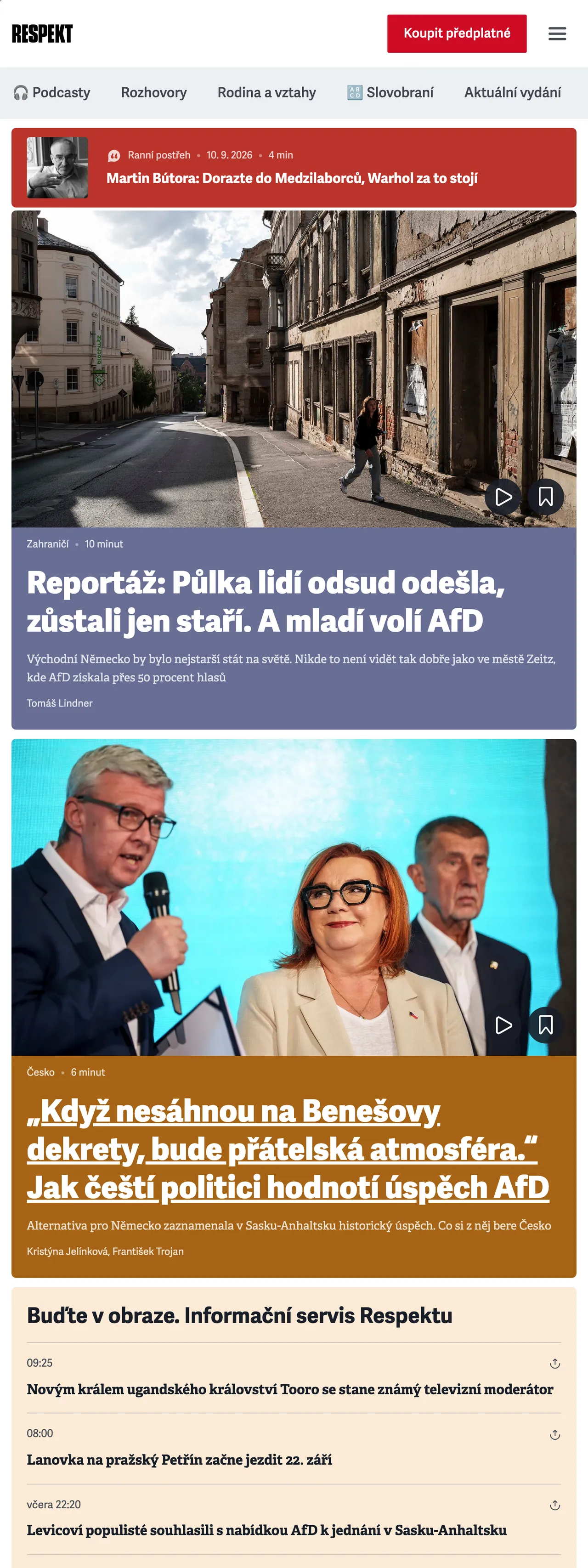 Screenshot of the Respekt front page