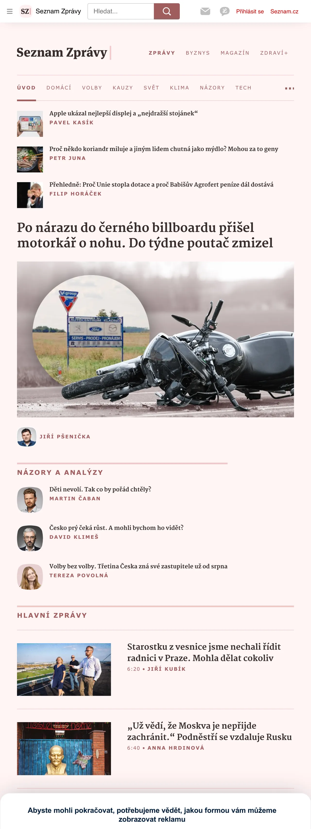Screenshot of the Seznam Zprávy front page