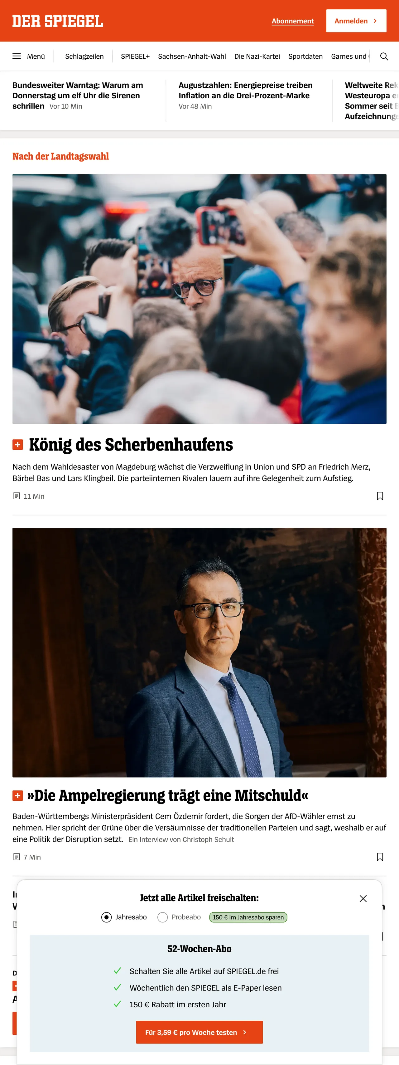 Screenshot of the DER SPIEGEL front page