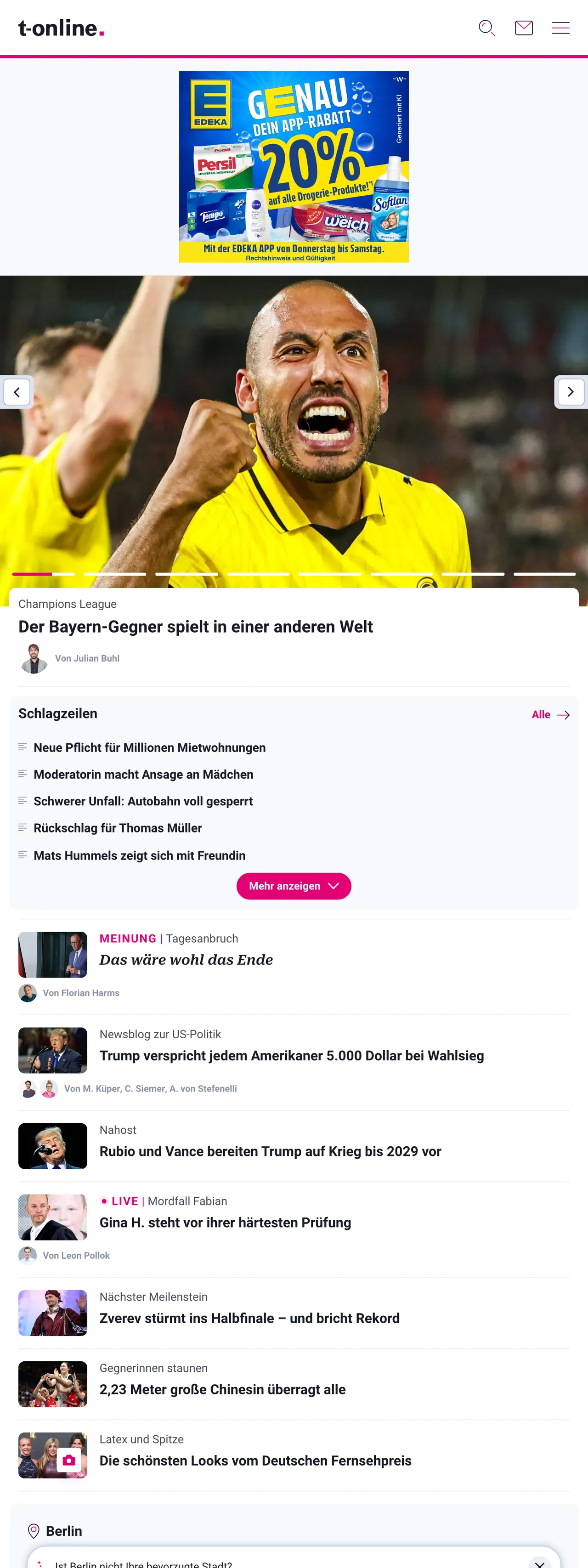 Screenshot of the t-online front page