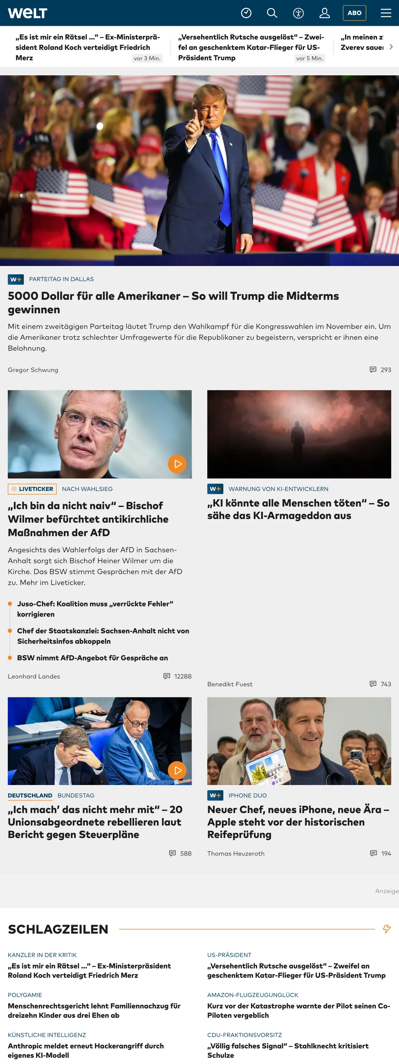 Screenshot of the WELT front page