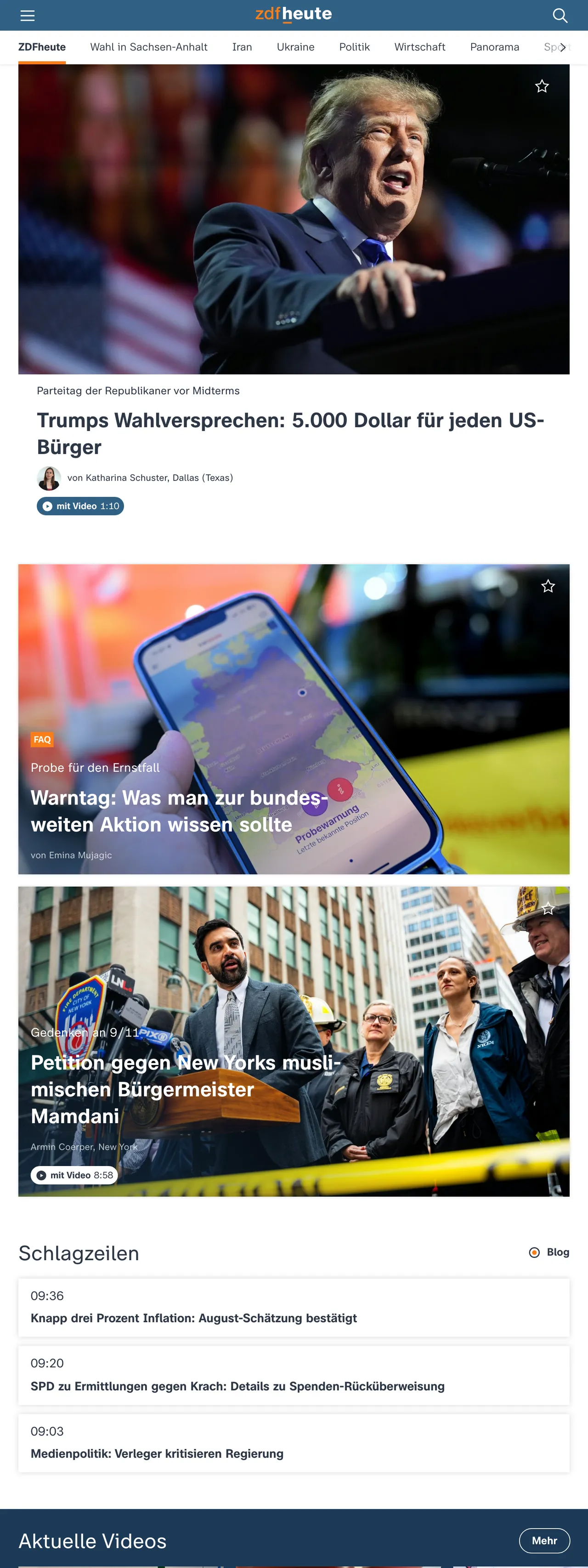 Screenshot of the ZDFheute front page
